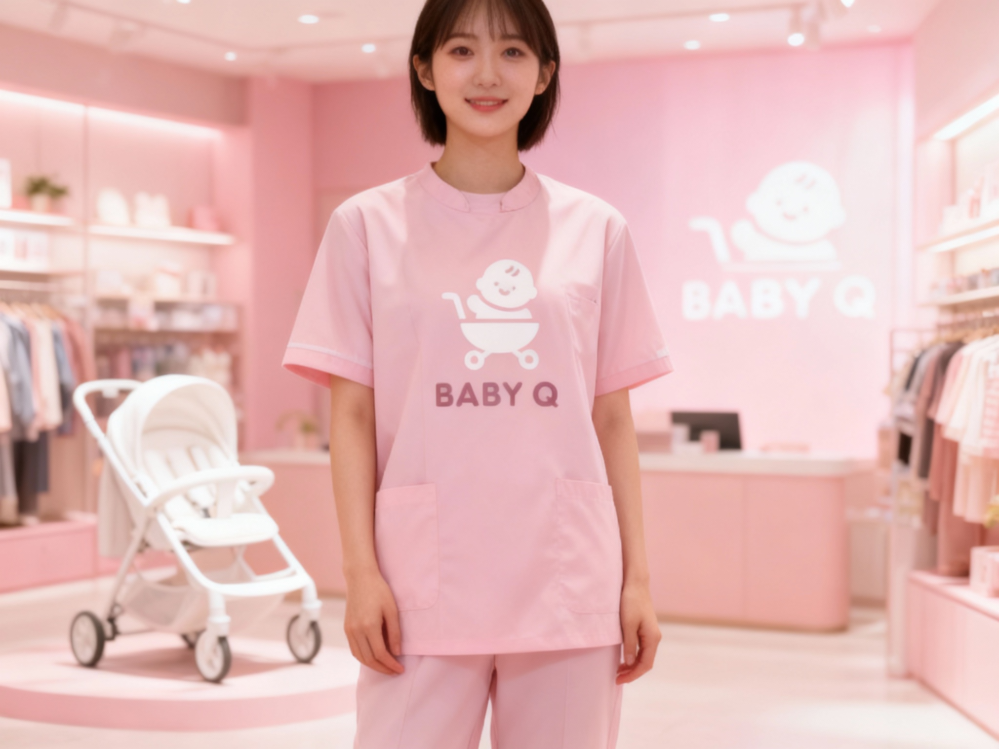 生成员工形象展示图，员工穿着纯色工作服，（将参考图中的LOGO）在工作服上清晰可见，员工站在店内（空间保持品牌一致性），姿态自然，光线柔和。