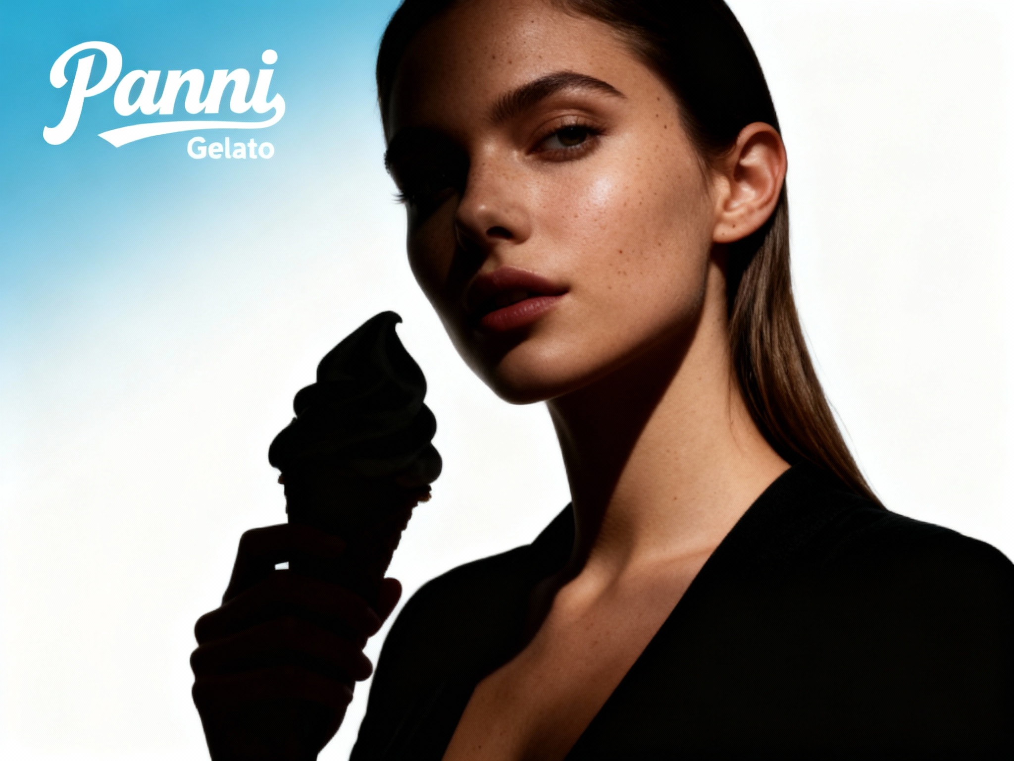 设计品牌海报用主色 {主色} ，时尚剪影摄影风格,时尚大片,一个女生模特,穿着时尚黑色服装手拿带着意式冰淇淋，（将参考图中的LOGO）只出现一次位于左上角），清晰的毛孔,肌肤真实细节,产品剪影,品牌色向白色渐变背景,特写镜头,平视视角,高清分辨率,高细节