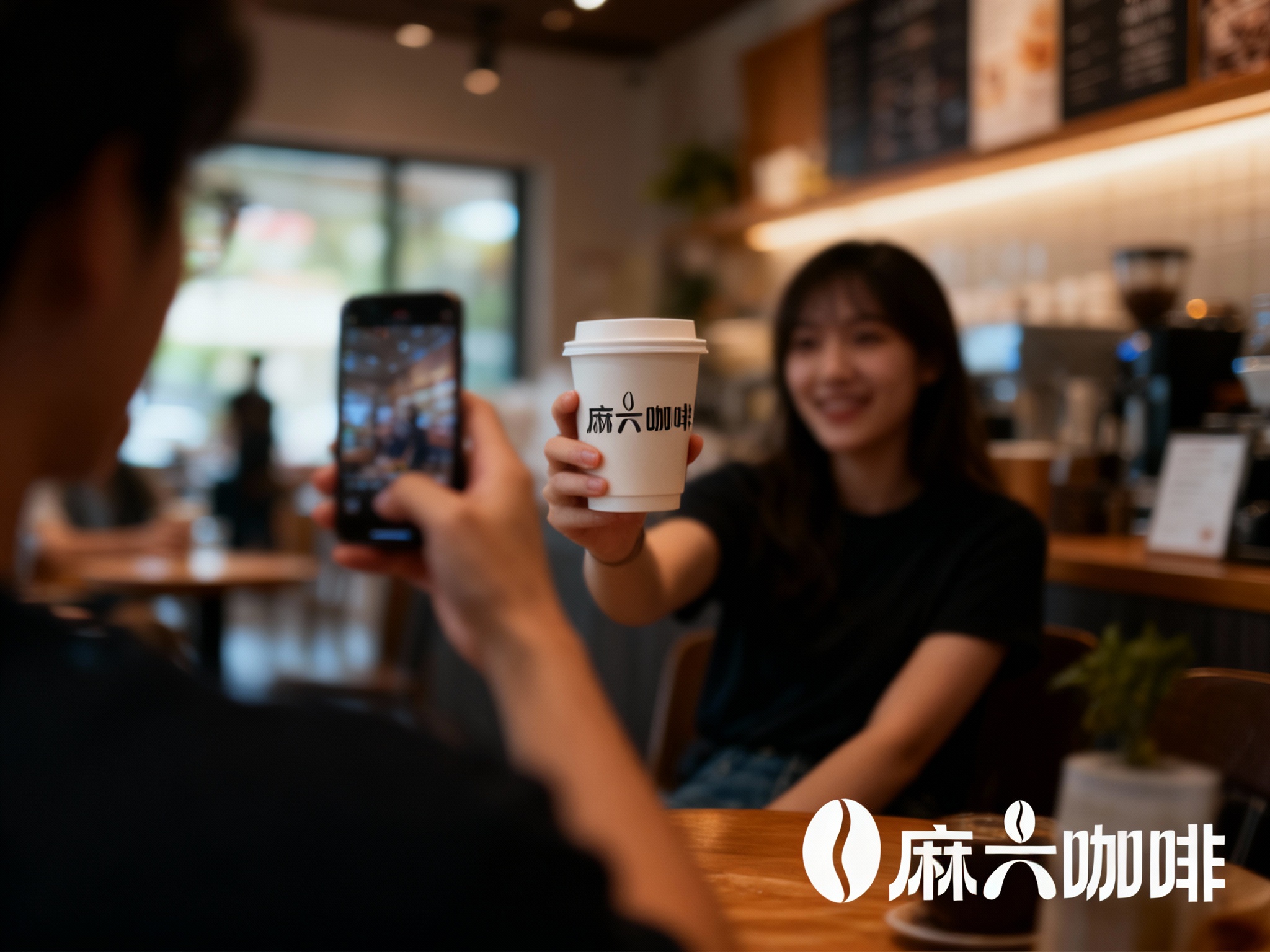 设计社交分享场景图，顾客手持带有（将参考图中的LOGO）的咖啡拍照，咖啡厅场景中（将参考图中的LOGO）融入装修或物件，场景抓拍，独特的拍摄角度，非对称，动态模糊，低光环境，意境，自然色彩，丰富层次感，细腻画质，真实，光影变幻，虚化柔和过渡，胶片质感，电影质感，大师作品，光影自然，突出品牌时尚感和年轻气质。