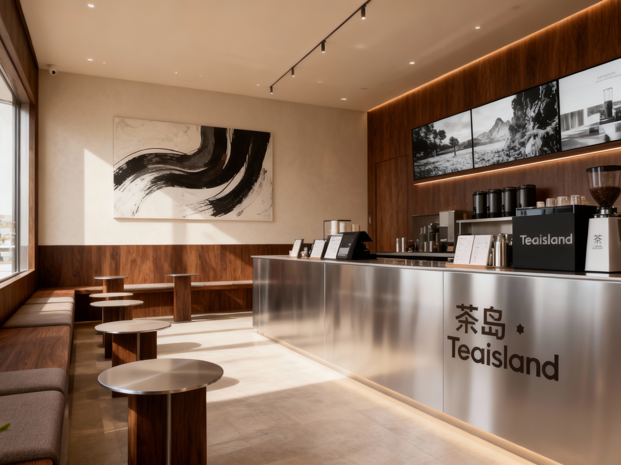 设计店内空间效果图，展示吧台、座位区、墙面装饰高级抽象插画或黑白摄影，运用黑胡桃木搭配银色不锈钢材质（将参考图中的LOGO）融入场景装修或物件中，光线温暖自然，突出空间舒适感与现代质感。