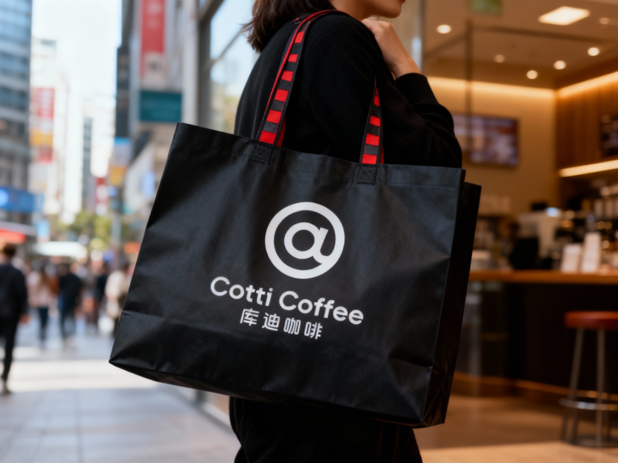 一个人背着黑色手提袋，品牌色肩带点缀（将参考图中的LOGO保持一致性不要变形）在手提袋上清晰可见，营造时尚、有品牌标识性的氛围，可展示潮流品牌的手提袋设计及实际使用效果，背景为城市街景或室内环境，突出品牌的都市时尚感。