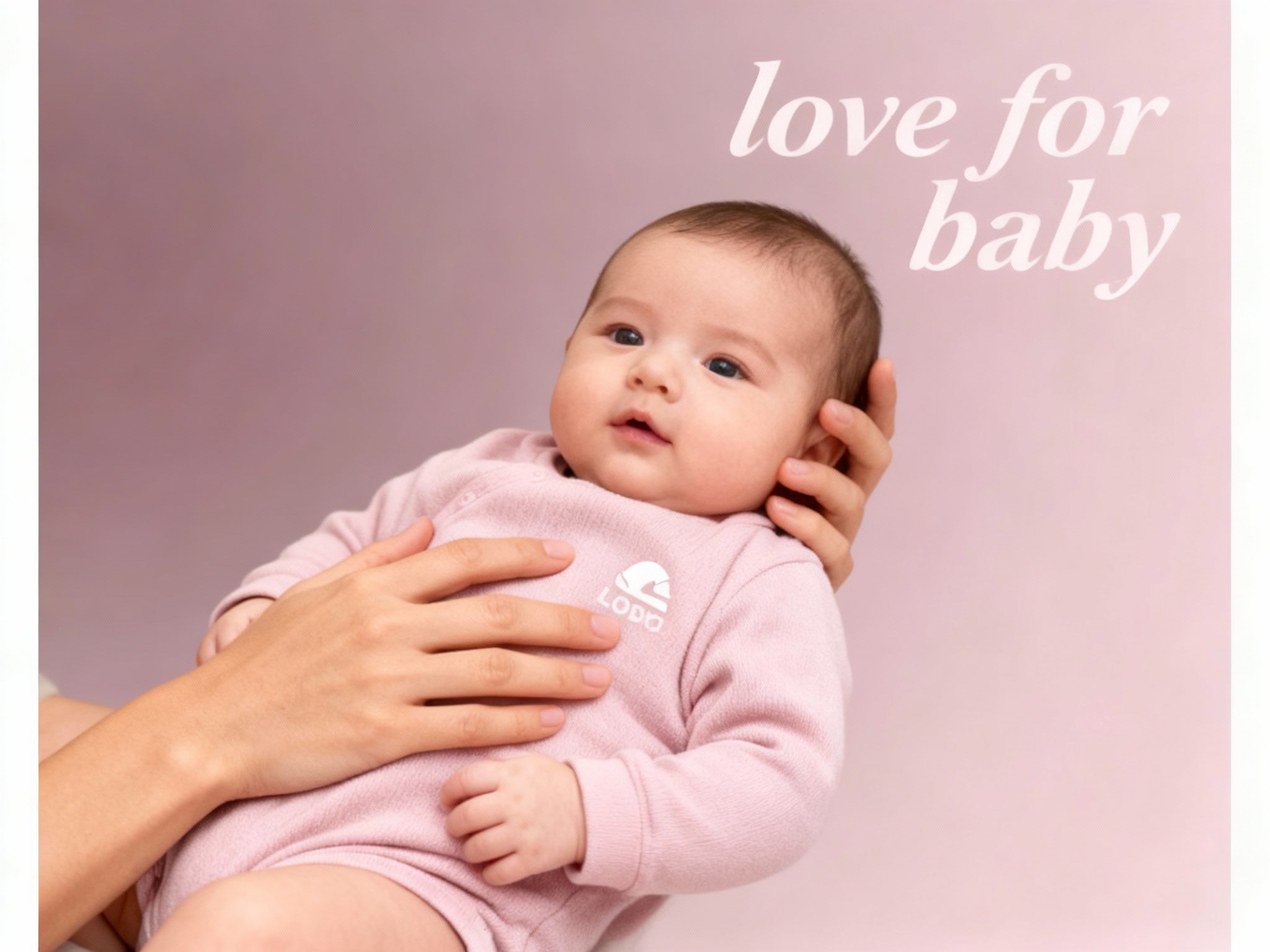 母婴门店促销海报，以提供的主色调为背景底色，奠定温馨且具质感的视觉基调。画面核心视觉为一只肤色自然的手，抱着一个穿着品牌色婴儿服饰的宝宝，（将参考图中的LOGO）在婴儿服饰上清晰可见，手和宝宝比例协调，宝宝服饰简约无装饰，与背景形成鲜明色彩呼应，成为视觉焦点。海报上方，右侧用轻盈的英文书写 “love for baby” ，营造温馨邀请氛围 。文字排版规整，信息清晰易读，整体风格简约直接，精准传递母婴门店温馨、安全且注重品质的品牌形象 。