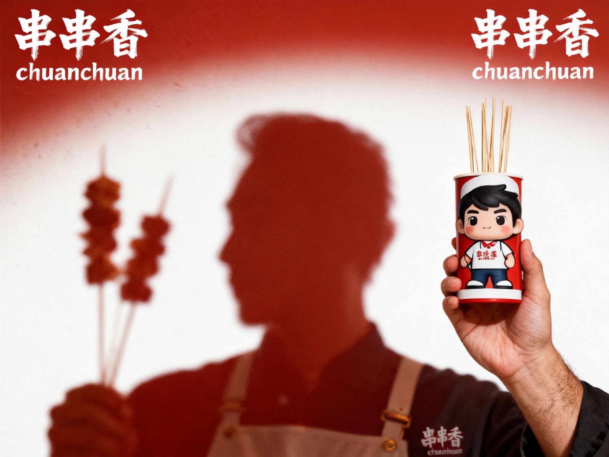 设计品牌海报，时尚剪影摄影风格,时尚大片,一个符合品牌的IP形象,穿着工服手拿带有（将参考图中的LOGO）的签筒，（将参考图中的LOGO）位于左上角或右上角（根据实际情况设置），清晰的毛孔,肌肤真实细节,产品剪影,品牌色向白色渐变背景,特写镜头,平视视角,高清分辨率,高细节，红色背景与白色文字形成强烈对比。