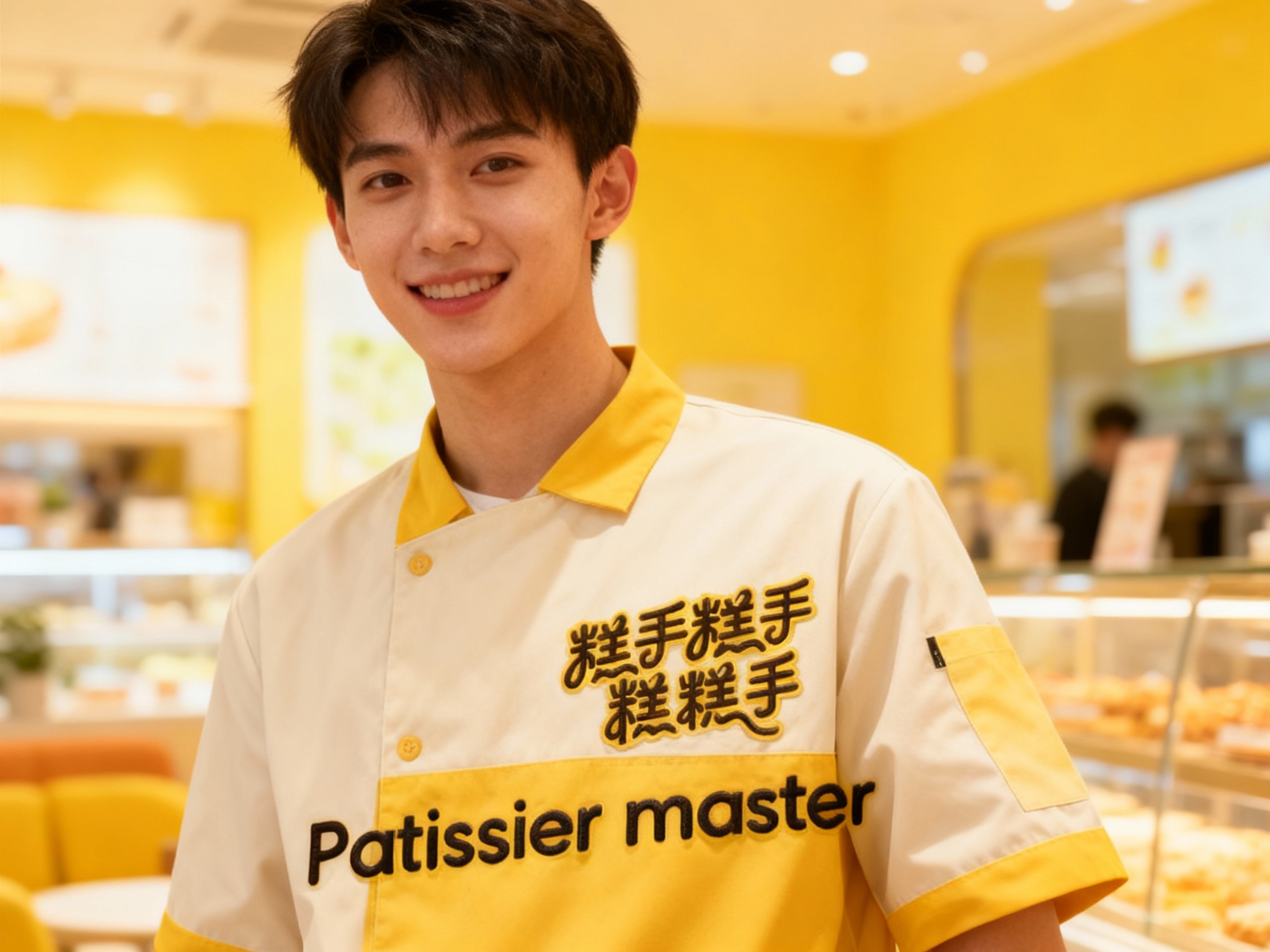 生成员工或店员展示图，穿着统一工作服，LOGO醒目刺绣或烫印在胸口，环境明亮舒适，呈现活力、年轻化品牌形象。