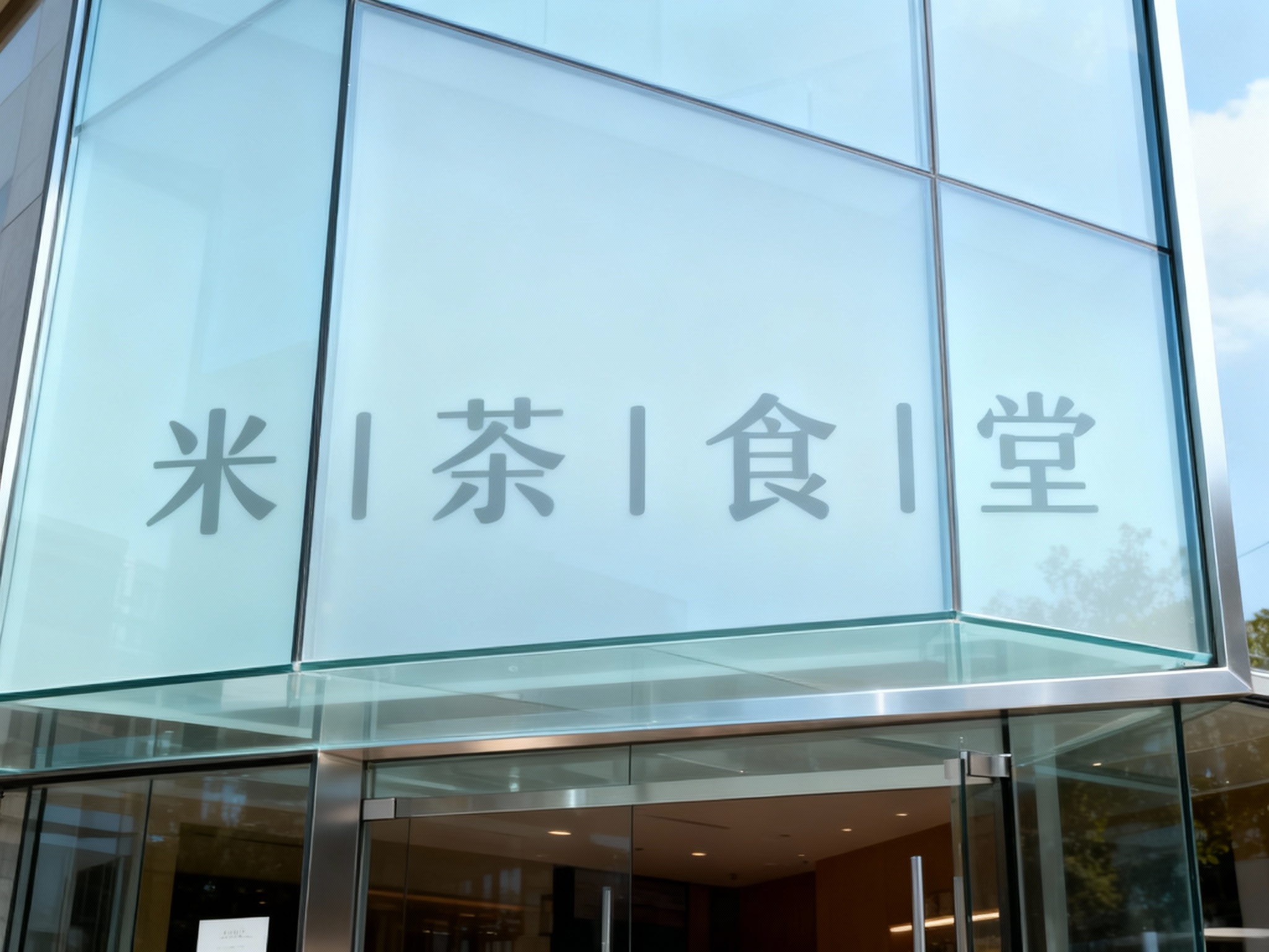 玻璃幕墙门头特写，采用超白钢化玻璃+渐变磨砂涂层，底板通透整洁，LOGO以低温丝印工艺印于玻璃内侧，无胶痕残留，搭配哑光金属无缝边框收口，现代感极强，白天光线通透不刺眼