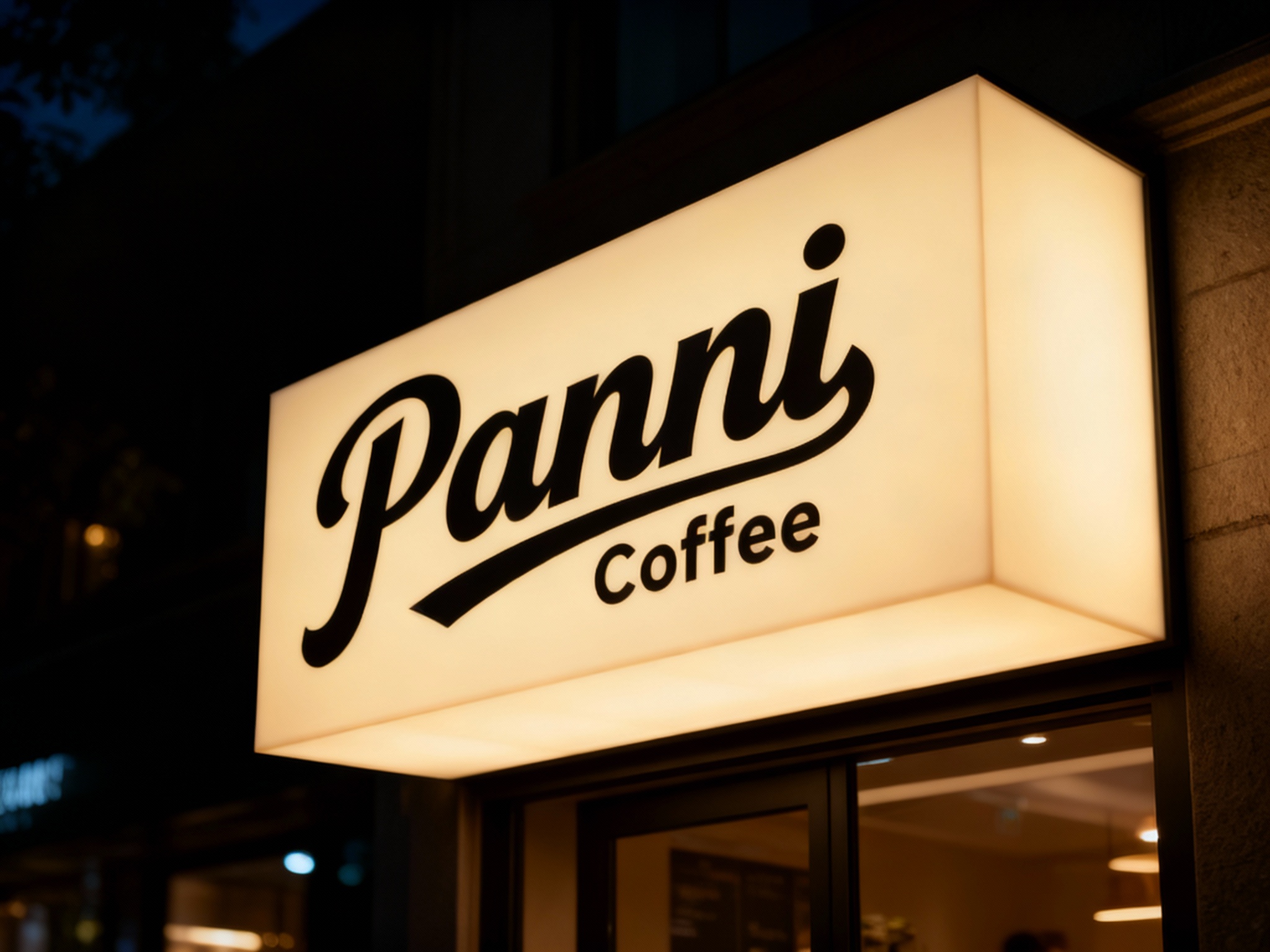 LED灯箱门头特写，门头为整体嵌入式灯箱，表面覆盖哑光透光膜，底板平整无褶皱，LOGO以UV打印工艺精准呈现，无色彩偏差，黑夜场景，灯箱均匀发光，LOGO清晰立体，无多余装饰，适配连锁高端品牌门店