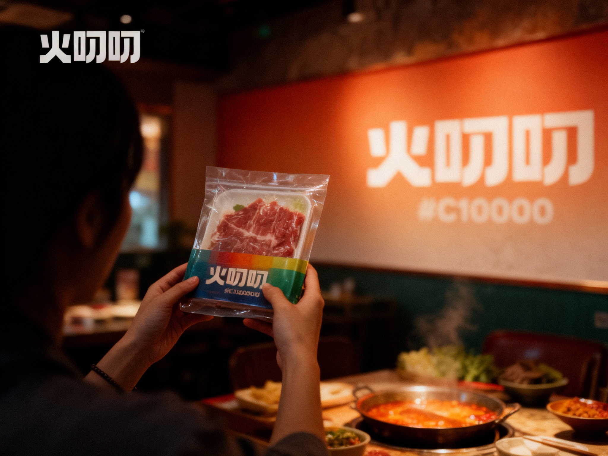 设计社交分享场景图，顾客手持带有（将参考图中的LOGO）#C10000包装的火锅食材拍照，火锅店场景中（将参考图中的LOGO）融入背景墙面#C10000，场景抓拍，独特的拍摄角度，非对称，动态模糊，低光环境，意境，自然色彩，丰富层次感，细腻画质，真实，光影变幻，虚化柔和过渡，胶片质感，电影质感，大师作品，光影自然，突出品牌时尚感和优雅气质。