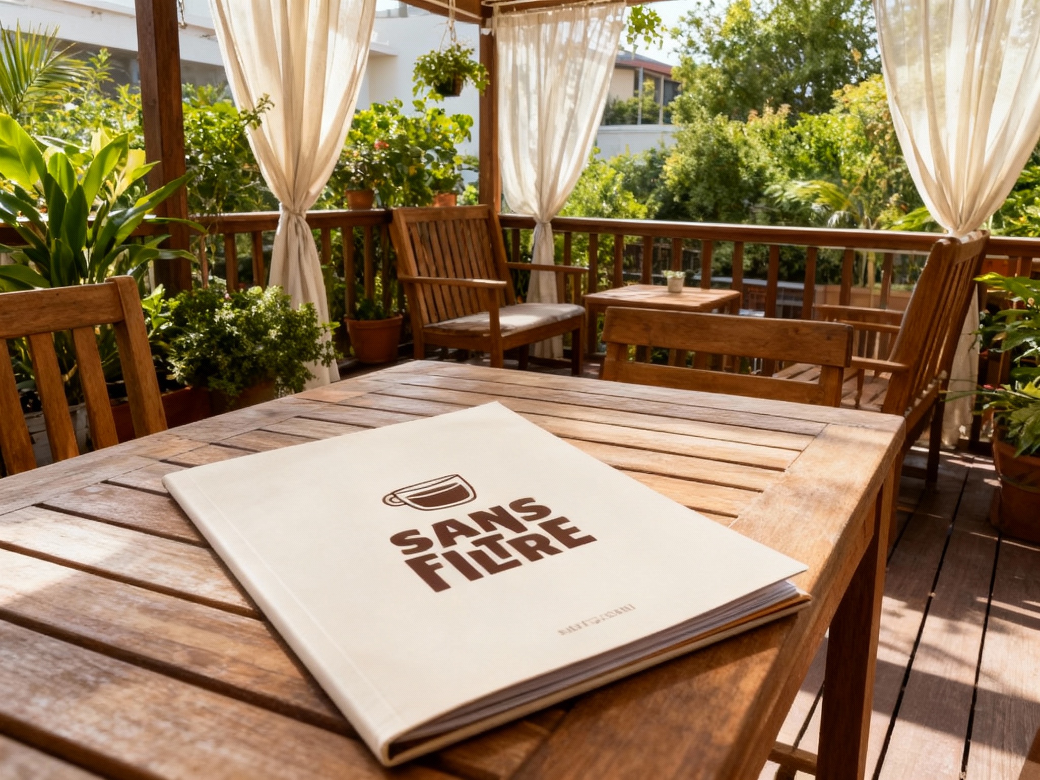 设计INS风格户外露台区域效果图。采用木质家具、绿色植物和轻薄窗帘布置，营造出放松自在的氛围。桌子上放置的菜单封面有参考图提取的SANS FILTRE，并注意让其自然融合在整个环境里。