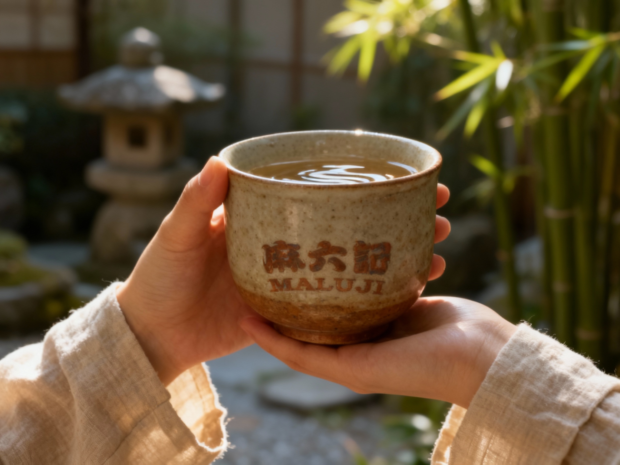 生成日式清酒/茶具展示图，特写镜头。一只手（穿着素色棉麻袖口）端着一只粗陶质感的茶杯或清酒杯，杯身印有（智能提取参考图中的LOGO主体并去除原背景，呈现釉下彩或刻印效果）。背景是模糊的日式庭院，隐约可见石灯笼和翠竹。自然光侧逆光照射，杯中液体波光粼粼，展现宁静致远的氛围。