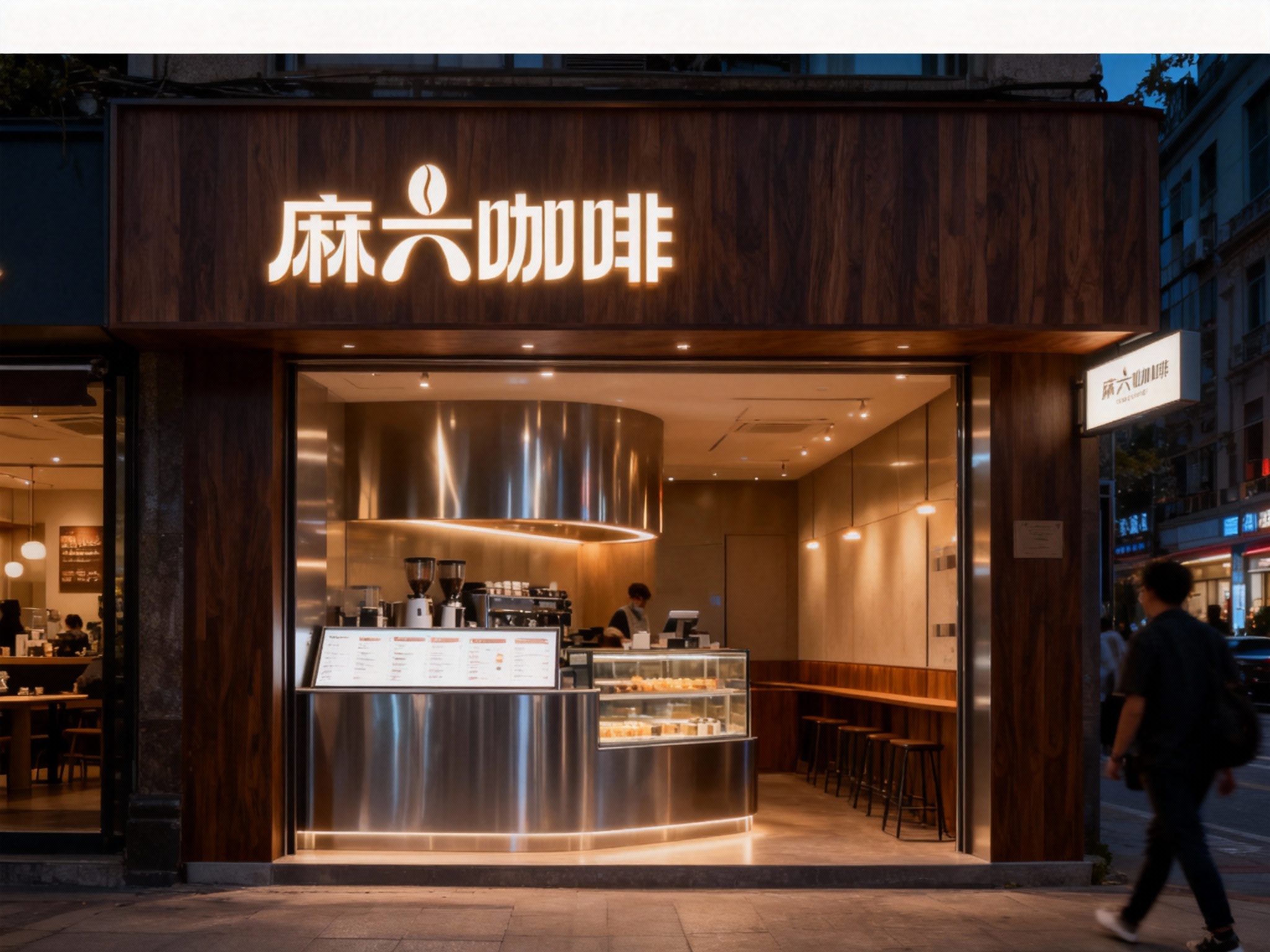 设计夜景门头及灯箱效果图，（将参考图中的LOGO）光亮温暖，咖啡店的内部场景，上方有发光的（将参考图中的LOGO）标识，下方是咖啡制作区域和展示柜，柜台上有菜单，整体装修风格运用黑胡桃木搭配银色不锈钢材质现代，灯光温暖 ，街区环境和路人自然呈现。