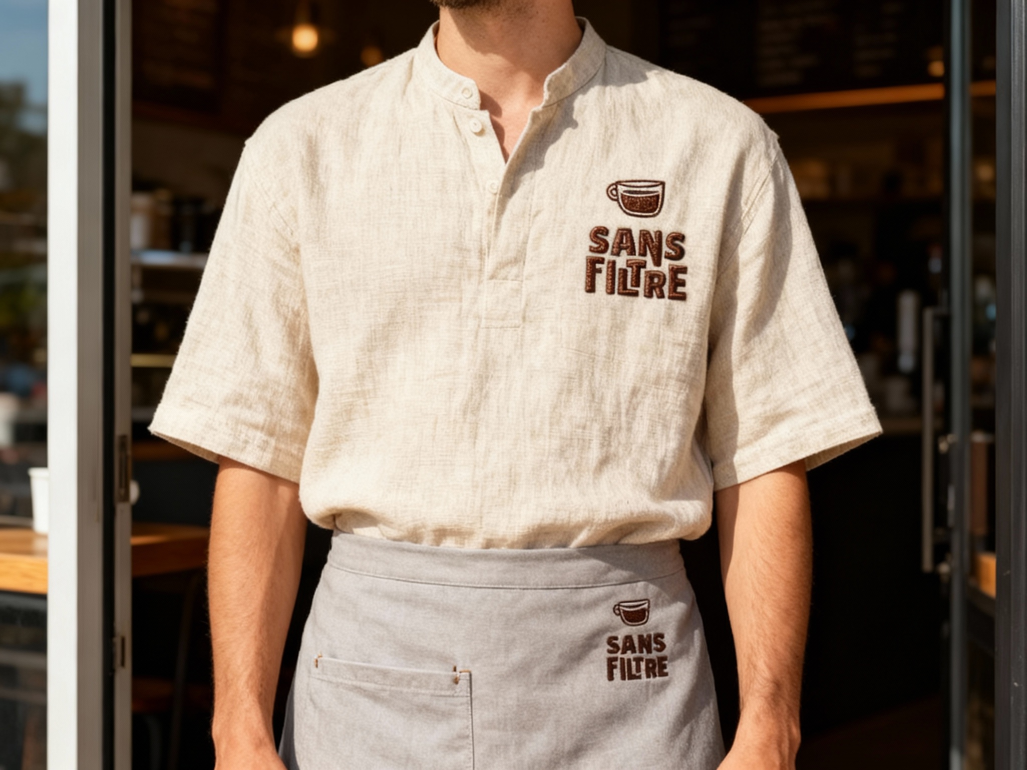 生成专业INS风格咖啡店员工制服展示图。制服采用浅米色亚麻材质，上衣左胸位置采用精细刺绣工艺将图1的LOGO元素融入制服设计，呈现精致的立体感。搭配浅灰色围裙，围裙口袋上方同样采用小尺寸刺绣LOGO，保持整体协调。模特站在咖啡店门口自然光线充足的位置，背景虚化，突出制服细节。光线采用上午10点的自然光，柔和不刺眼。  色彩真实自然，质感细腻，展现制服的舒适感和专业感。