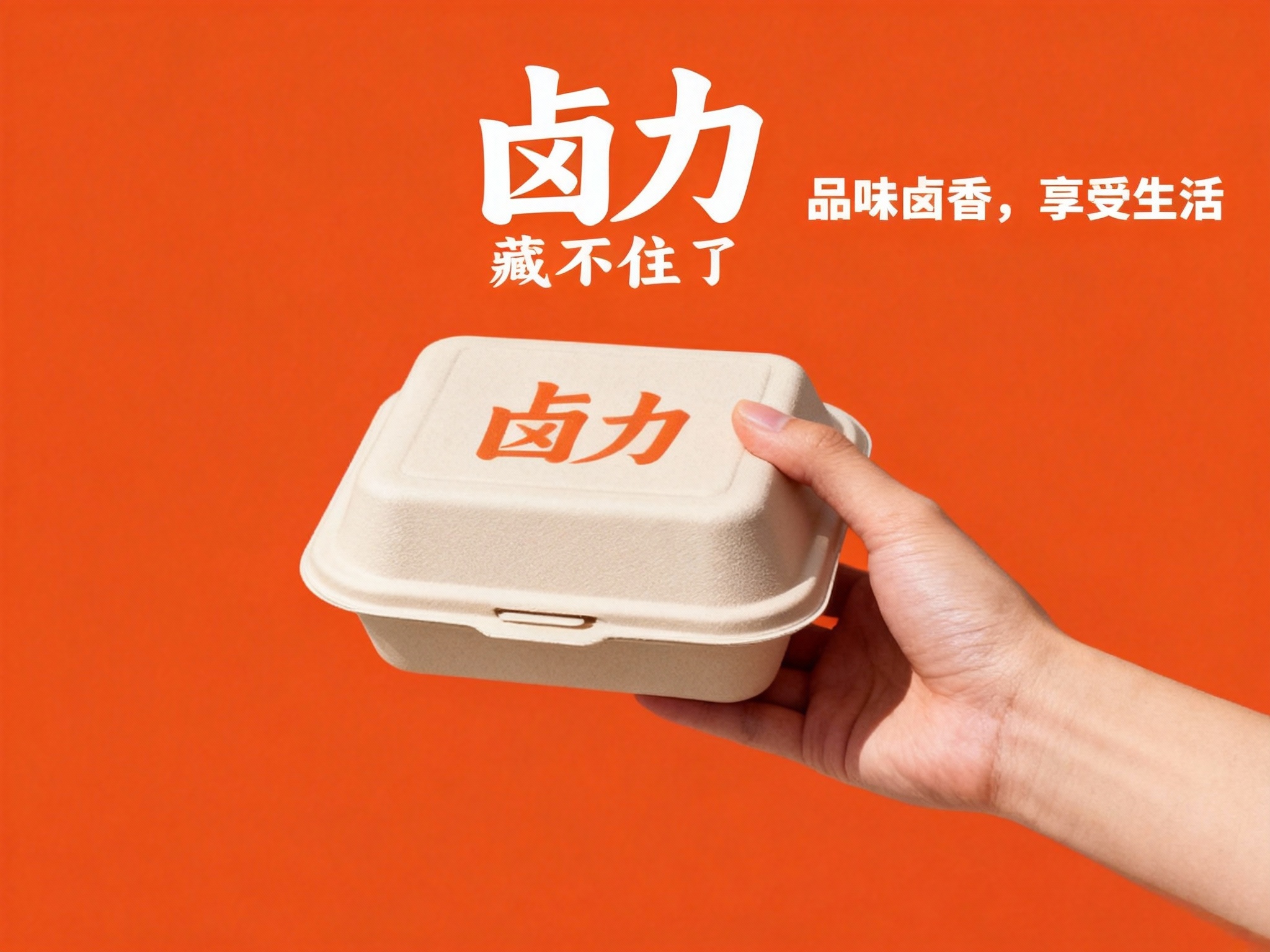 卤菜门店促销海报，以提供的主色调为背景底色，奠定温暖且具质感的视觉基调。画面核心视觉为一只肤色自然的手，端着一只哑光质感的品牌色（将参考图中的LOGO）在餐盒上清晰可见，手和餐盒比例协调，餐盒简约无装饰，与背景形成鲜明色彩呼应，成为视觉焦点。海报上方，右侧用轻盈的中文书写 “品味卤香，享受生活” ，营造轻松邀请氛围 。文字排版规整，信息清晰易读，整体风格简约直接，精准传递卤菜门店温馨、美味且注重品质的品牌形象 。