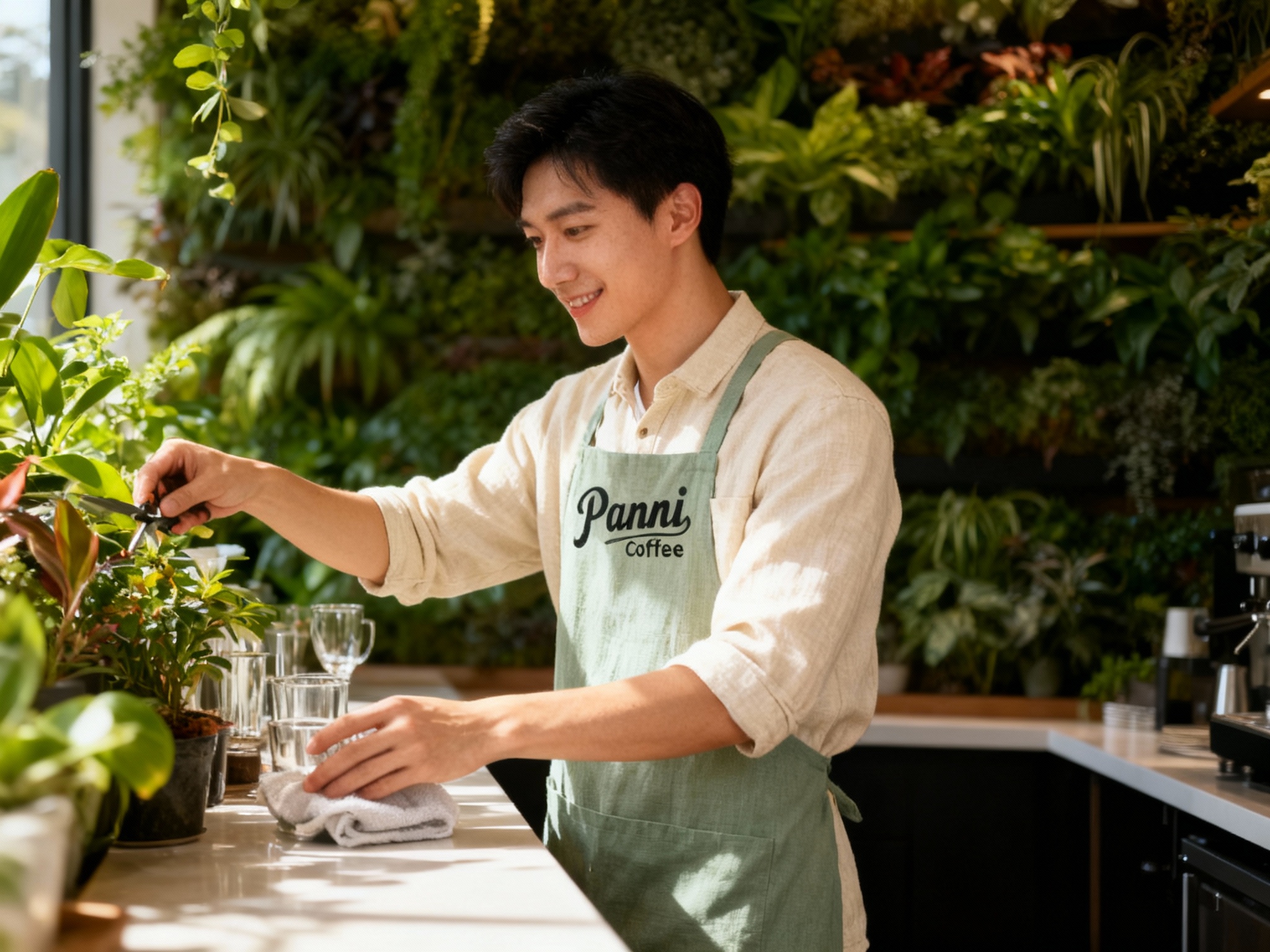 员工形象展示图，员工穿着棉麻质地的浅色系工作服（如米色或鼠尾草绿），围裙上有清晰的Panni Coffee LOGO。员工站在充满绿植的吧台内，正在修剪植物或擦拭杯具，阳光洒在身上，姿态自然亲切，背景是层叠的绿植墙。