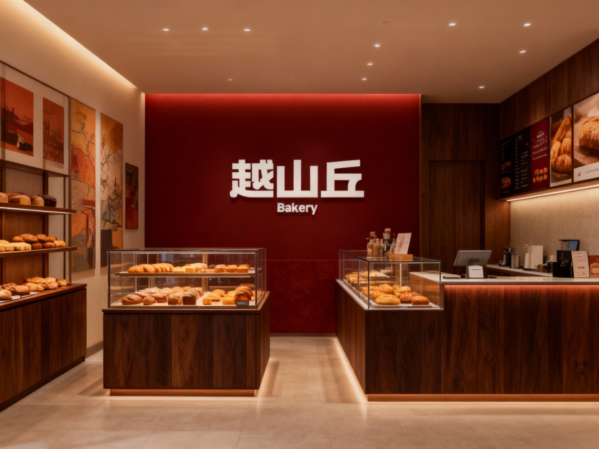 设计店内空间效果图，展示烘焙展示区、售卖区、品牌展示区、墙面装饰艺术插画或暖色调摄影，运用深色原木搭配#品牌主色材质（将参考图中的LOGO保持一致）融入店铺背景墙，光线温暖柔和，突出空间极简时尚与精致质感。