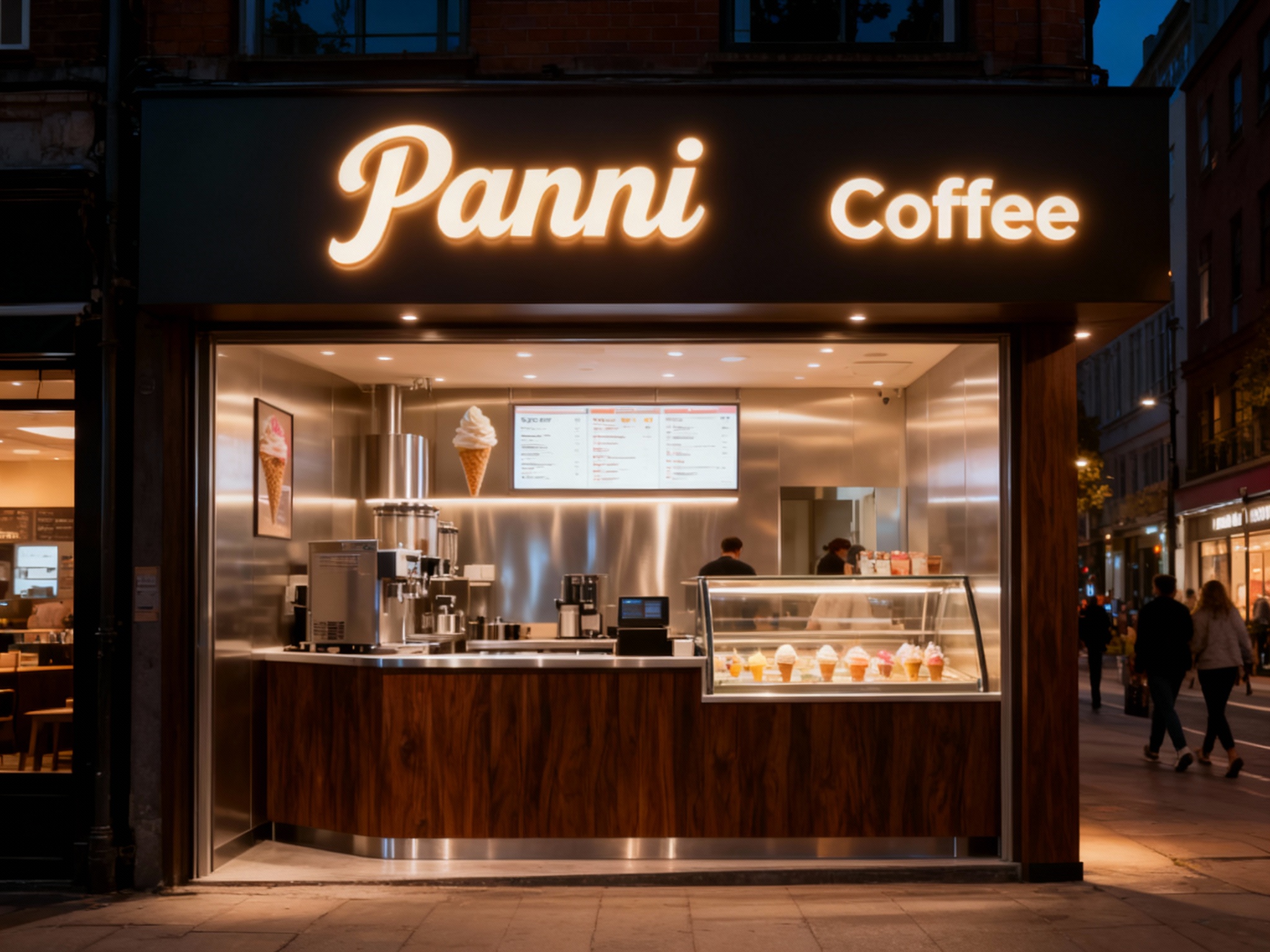设计夜景门头及灯箱效果图，（将参考图中的LOGO）光亮温暖，冰淇淋店的内部场景用品牌主色 {主色} ，上方有发光的（将参考图中的LOGO）标识，下方是意式冰淇淋制作区域和展示柜，柜台上有菜单，整体装修风格运用用品牌主色，黑胡桃木搭配银色不锈钢材质现代，灯光温暖 ，街区环境和路人自然呈现。