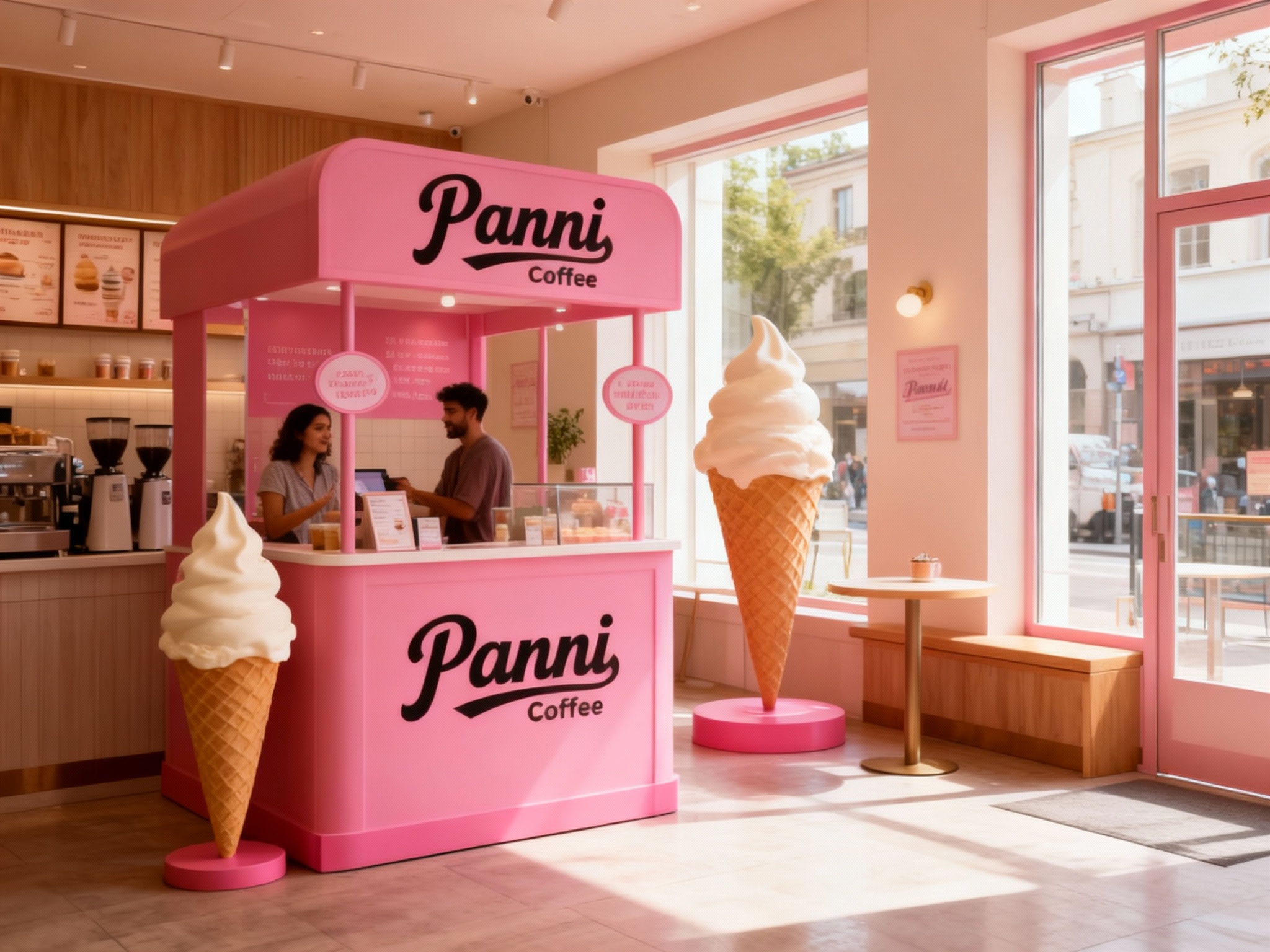 生成品牌体验区或冰淇淋店铺场景，展示品牌互动装置或店内拍照打卡点，（将参考图中的LOGO及主色 {主色} ）融入场景装修或物件，环境温馨有质感，光线自然通透。