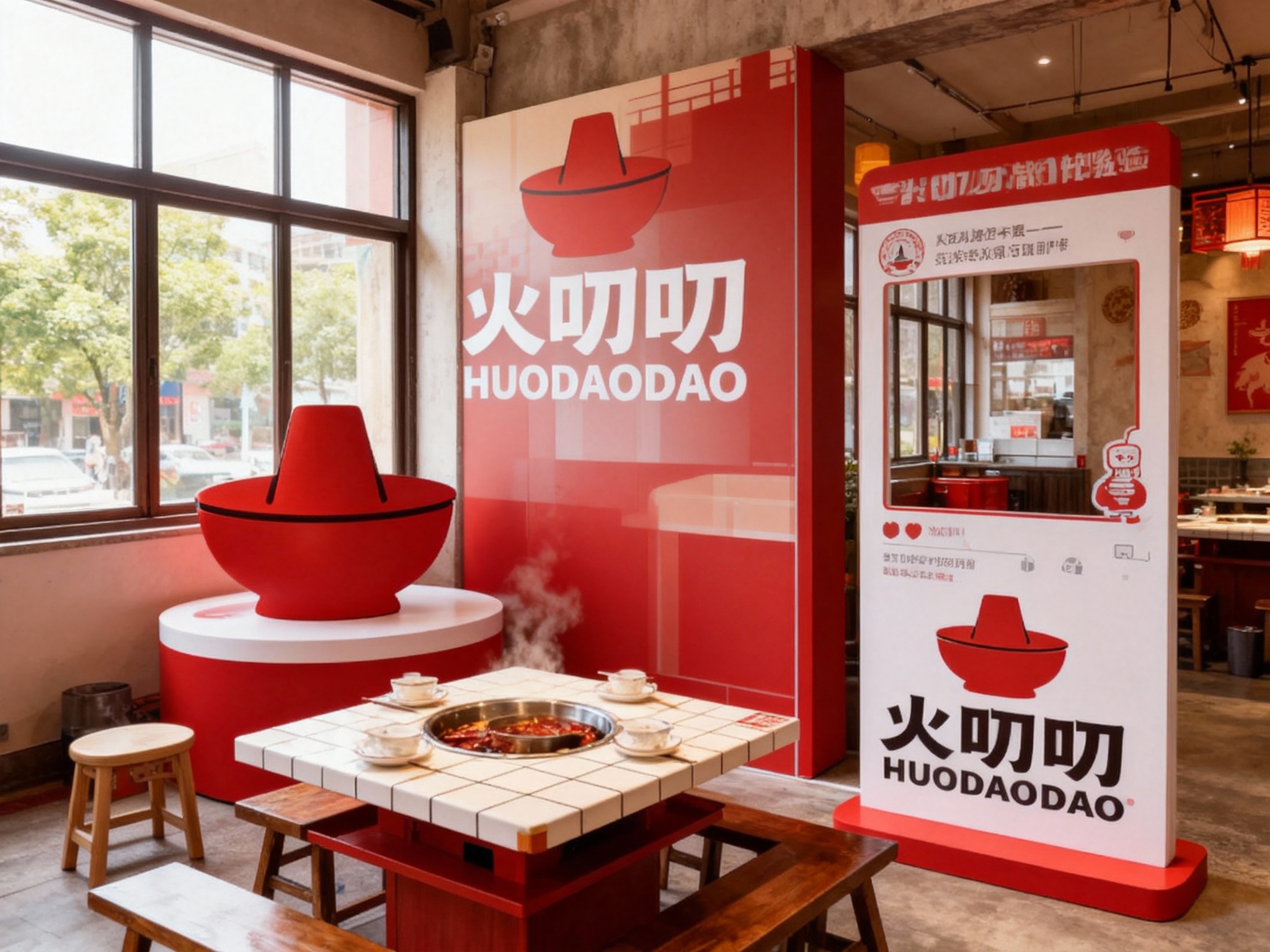 生成品牌体验区或小型火锅桌场景，展示品牌互动装置或店内拍照打卡点，（将参考图中的LOGO及品牌色配色）融入场景装修或物件，环境温馨有质感，光线自然通透。