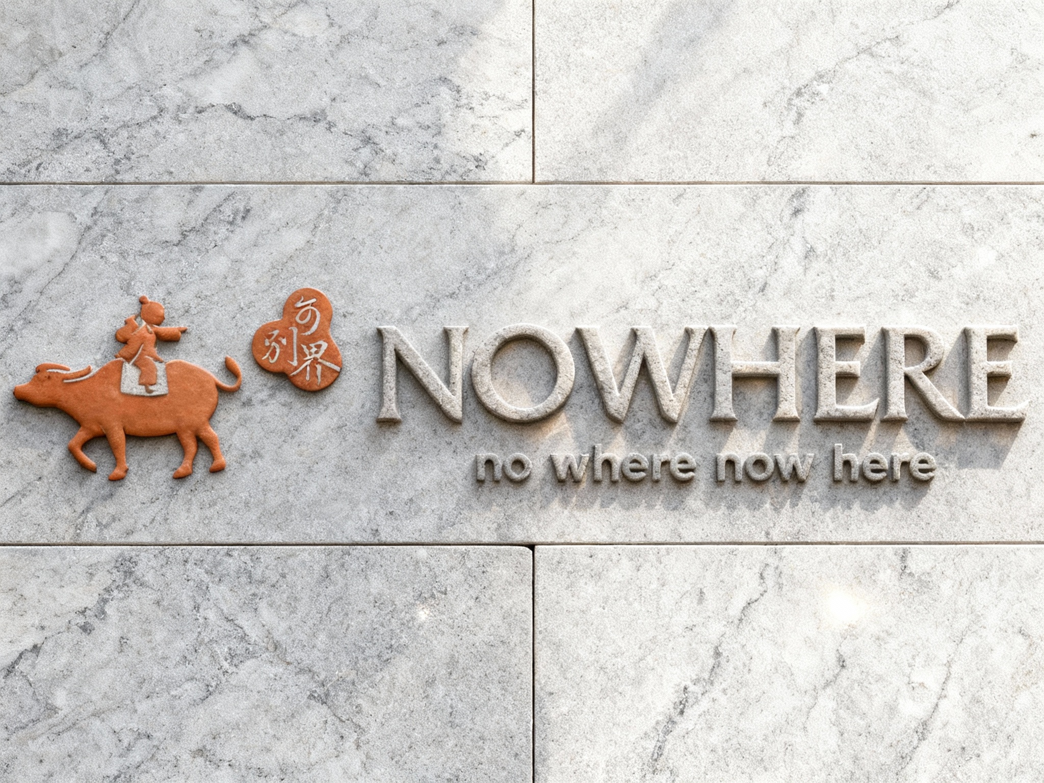 极简石材门头特写，天然灰色大理石板材无缝拼接墙面，底板打磨光滑无接缝痕迹，LOGO以浅浮雕雕刻工艺呈现，表面做哑光防护涂层，白天侧光照射，石材质感温润，LOGO轮廓立体，适配高端餐饮/零售门店