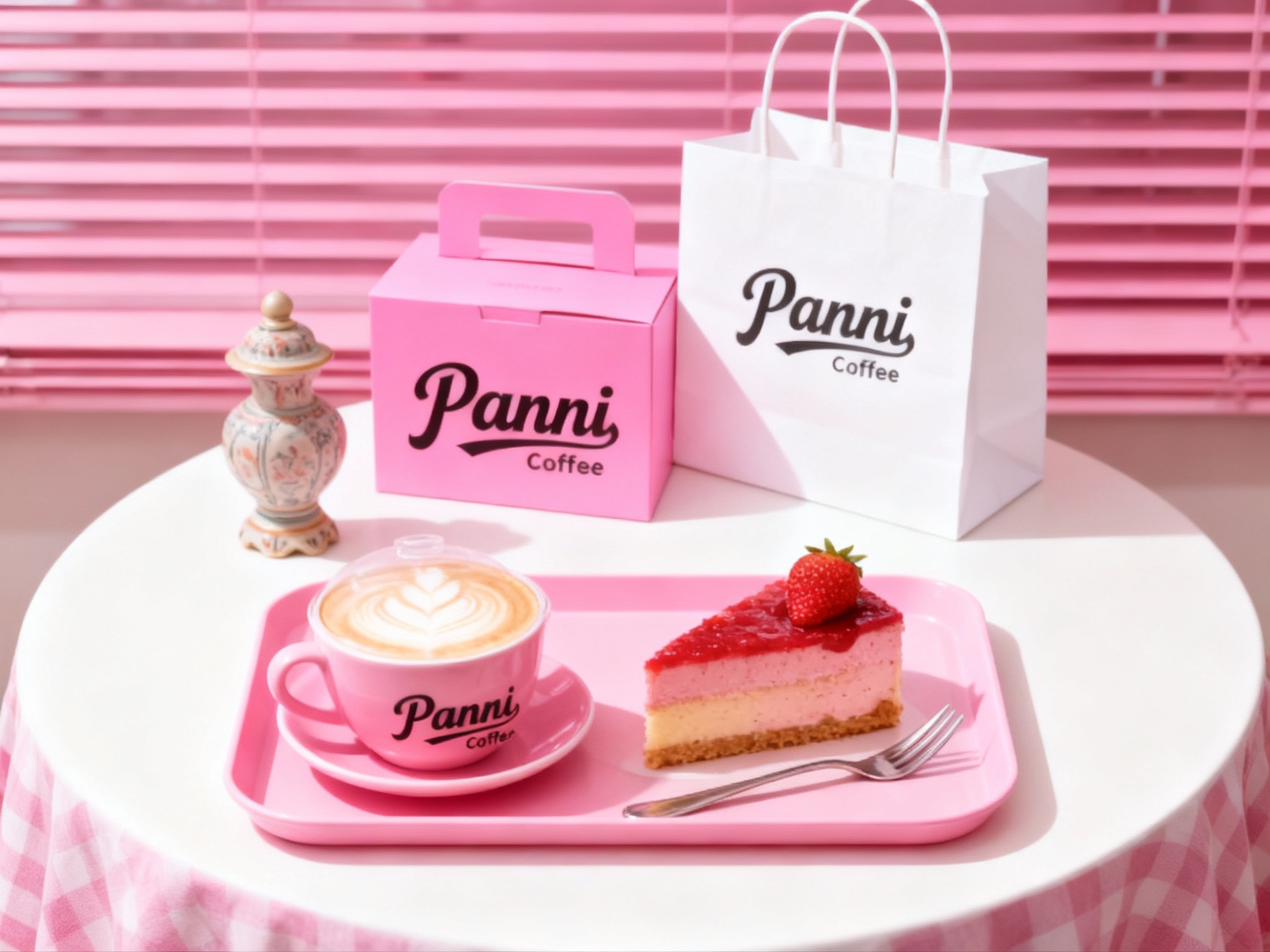 商业美食摄影，极简现代风格，明亮光线，白色圆形桌面铺粉色格子桌布，背景粉色百叶窗，粉色托盘占据画面下方，内摆粉色咖啡杯（开盖露奶泡拉花）、草莓慕斯蛋糕，金属叉子放在蛋糕旁，上方粉色手提盒与白色手提袋错落摆放，旁边放置一件古典风格的陶瓷饰品。咖啡杯和手提盒上有品牌logo，光影柔和