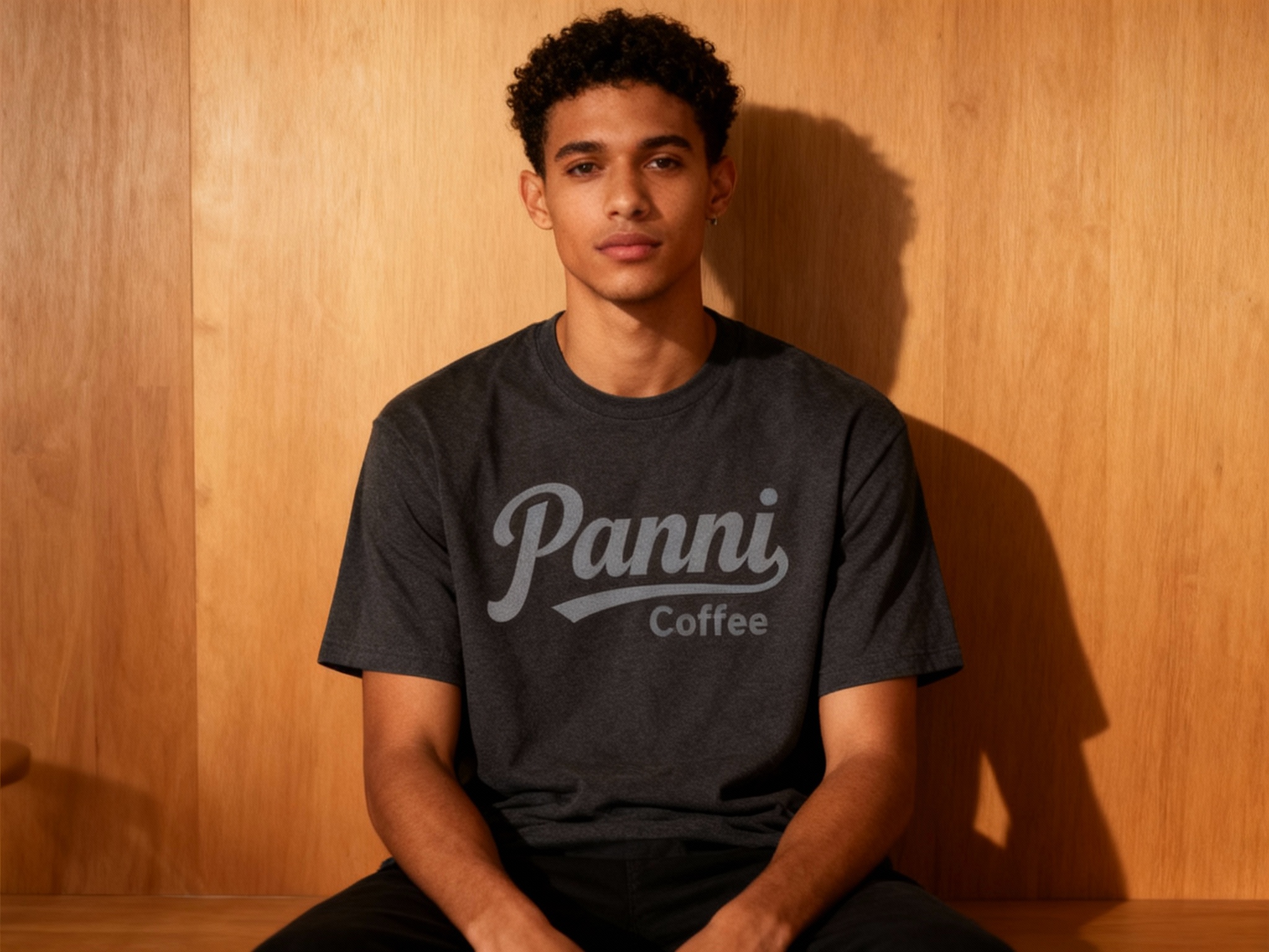 提取参考图的LOGO单独呈现，改为浅灰色，25岁混血男性模特，身着深灰重磅T恤，浅灰色LOGO采用烫黑工艺（与T恤色调呼应却有质感差异），室内暖光拍摄，光线柔和温暖，T恤版型挺括，LOGO平整无褶皱，模特坐姿端正，背景为木质极简墙面，营造沉稳高级氛围