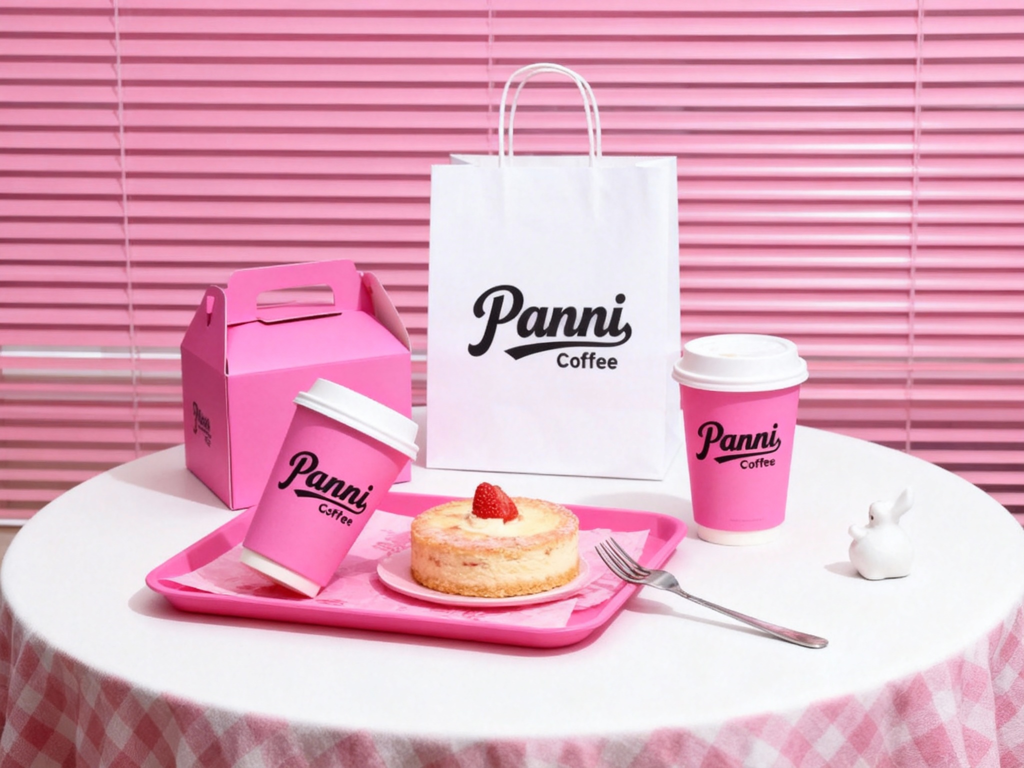 商业美食摄影，极简现代风格，明亮光线，白色圆形桌面铺粉色格子桌布，背景粉色百叶窗，桌上摆粉色精致手提盒（半开）与白色手提袋，旁置粉色大托盘，托盘内垫粉色一次性垫纸，上面斜放粉色咖啡杯（带白盖）、圆形草莓蛋糕，金属叉子侧靠蛋糕，旁边放置一个白色的陶瓷小摆件。手提盒和咖啡杯上清晰地贴有品牌的logo，画面简洁高级，突显咖啡周边精致质感