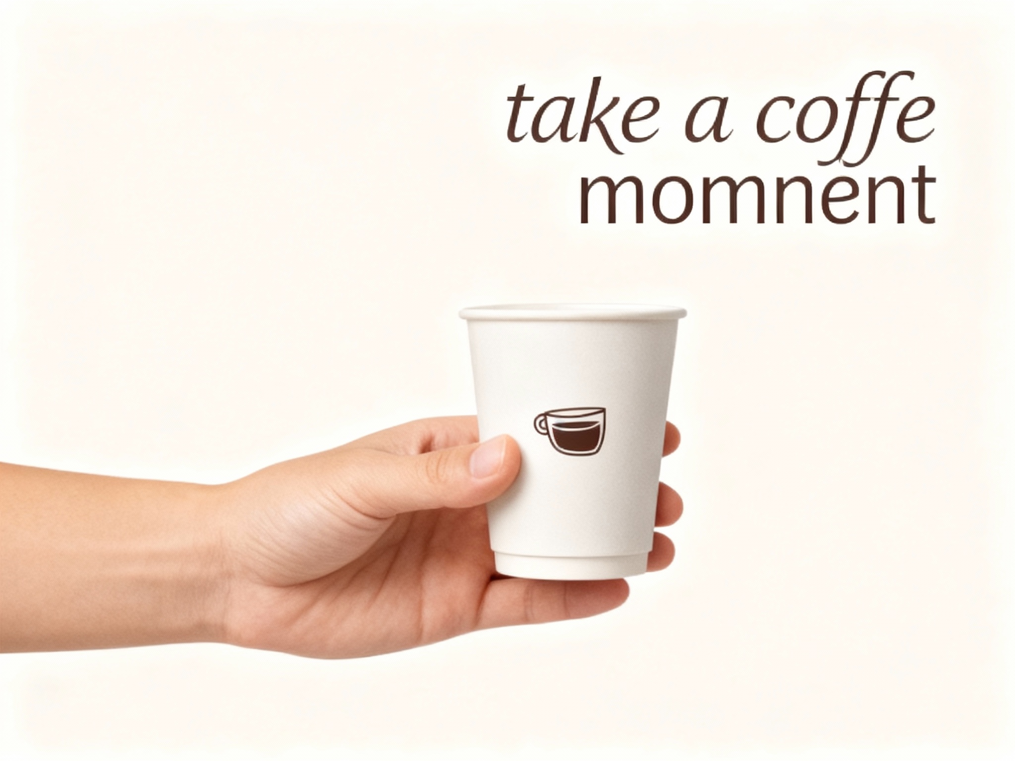 咖啡门店促销海报，以提供的主色调为背景底色，奠定温暖且具质感的视觉基调。画面核心视觉为一只肤色自然的手，端着一只哑光质感的品牌色（将参考图中的LOGO）在咖啡杯上清晰可见，手和咖啡杯比例协调，杯体简约无装饰，与背景形成鲜明色彩呼应，成为视觉焦点。海报上方，右侧用轻盈的英文书写 “take a coffe momnent” ，营造轻松邀请氛围 。文字排版规整，信息清晰易读，整体风格简约直接，精准传递咖啡门店温馨、美味且注重品质的品牌形象，背景为米白色，LOGO位于咖啡杯上，整体构图简洁明了。