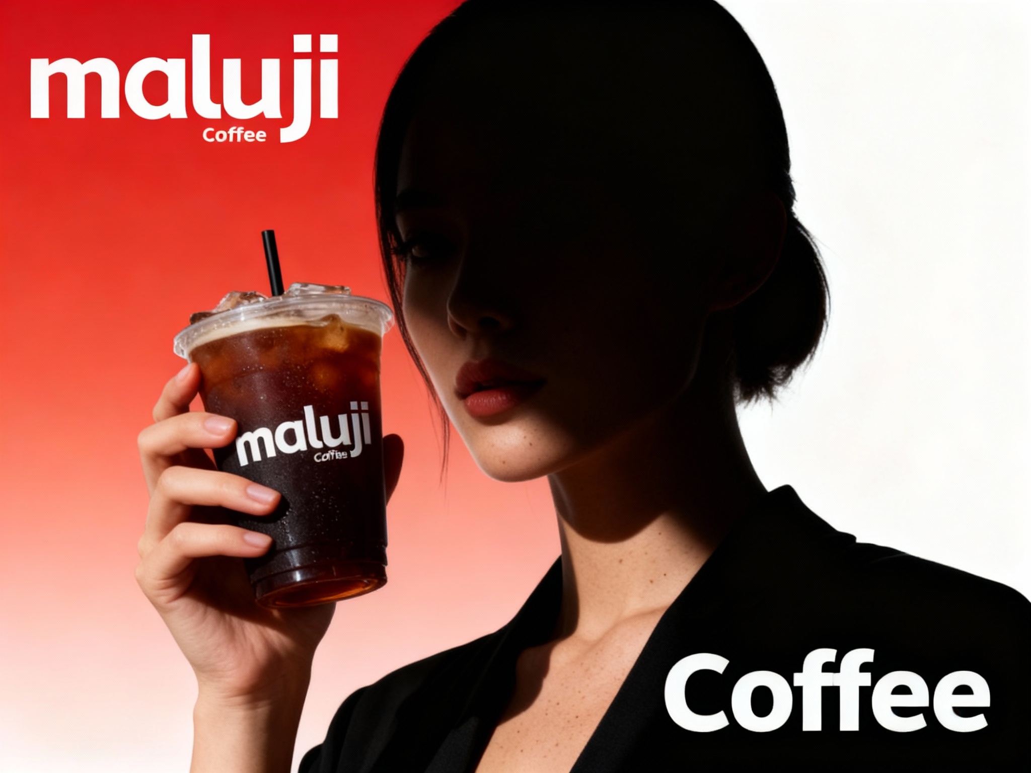 设计品牌海报，时尚剪影摄影风格,时尚大片,一个女生模特,穿着时尚黑色服装手拿带有（将参考图中的LOGO）的冰美式咖啡，（将参考图中的LOGO）位于左上角或右上角（根据实际情况设置），清晰的毛孔,肌肤真实细节,产品剪影,品牌色向白色渐变背景,特写镜头,平视视角,高清分辨率,高细节,背景为红色或橙色渐变。