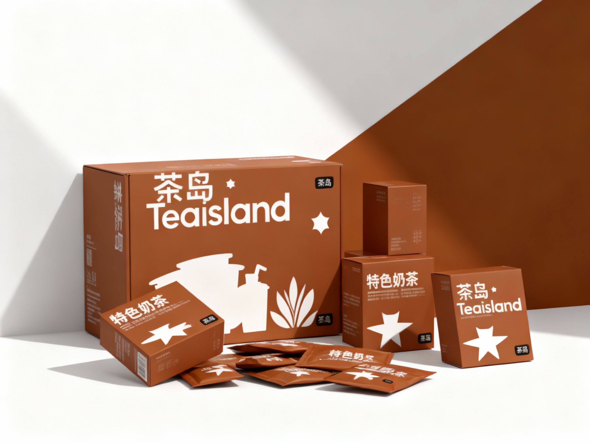 现代简约风格奶茶产品包装展示，（将参考图中的LOGO保持一致不要出现变形）白色背景搭配提供的品牌色（保持提示词的主色）几何色块。画面主体为多个品牌色包装盒，包括大盒（印有白色品牌名称和奶茶原料剪影）、小盒，均印有 “特色奶茶” 字样和黑色品牌标识。包装盒下方散落着同色系的小包装袋。整体构图采用高低错落的排列方式，光线从左上角斜射，形成清晰的阴影，突出包装盒的立体感和色彩对比，展现产品系列的多样性与品牌视觉统一性。