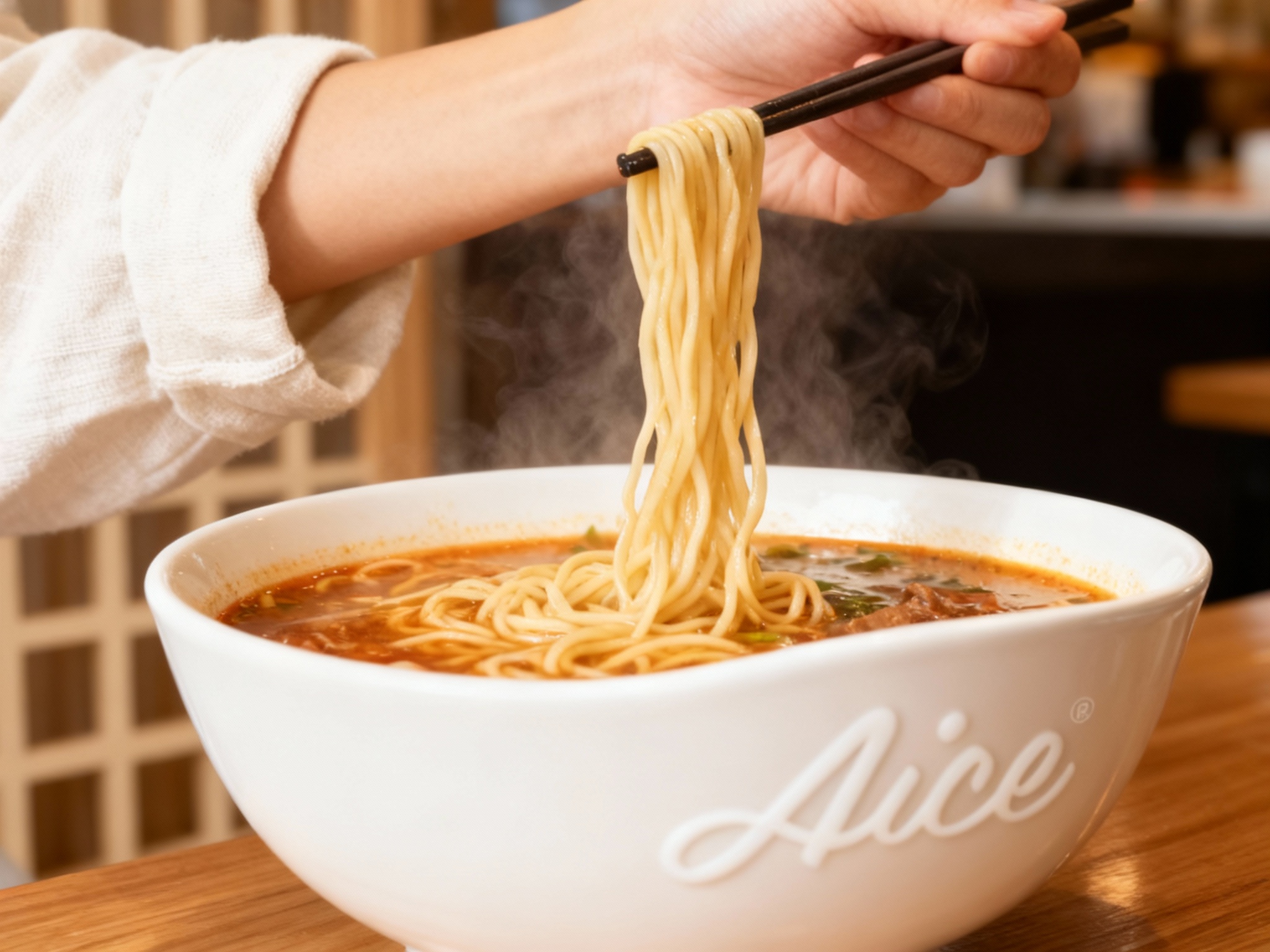 生成面食产品展示图，特写镜头。一只手（穿着干净的米白色棉麻衣袖）正用筷子挑起一缕劲道的面条，热气腾腾（Steam）。背景是模糊的店面环境，隐约可见米色木格栅。（智能提取参考图中的LOGO主体并去除原背景）印在白色的陶瓷碗壁上，随碗身弧度自然弯曲。光泽感诱人，突出面条的质感和汤底的浓郁。