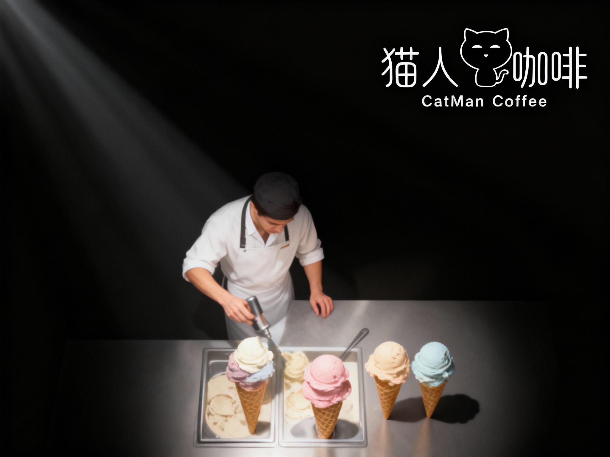 设计品牌宣传海报用主色 {主色} ，画面干净，（将参考图中的LOGO ）位于左上角或右上角（根据实际情况设置），大师作品，电影海报，超高质量，超精细，高级英文排版，摄影，丁达尔光效，朦胧，俯视，远景，极简，简单，极简风格，大面积留白，James Turrell，背景是冰淇淋师制作冰淇淋的景象，压迫感，超现实主义+极简主义 + 简单色块+ 马卡龙配色+ 摄影艺术 + 细节丰富+ 封面美学 +黑色背景+电影级照明，4k高清，排版简洁有视觉冲击力，符合社交平台分享特性。