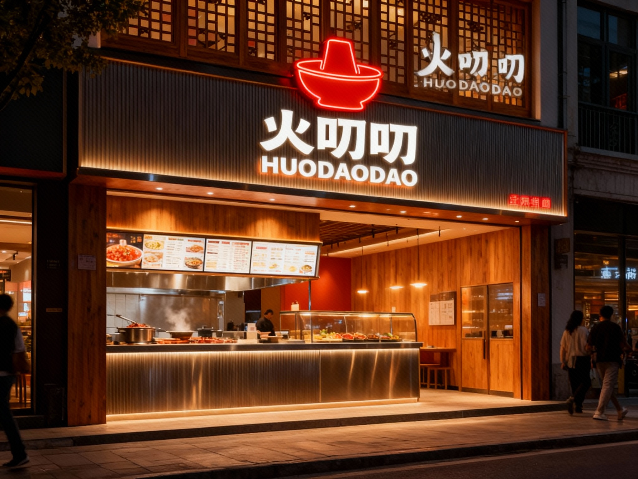 设计夜景门头及灯箱效果图，（将参考图中的LOGO）光亮温暖，火锅店的内部场景，上方有发光的（将参考图中的LOGO）标识，下方是火锅烹饪区域和展示柜，柜台上有菜单，整体装修风格运用原木搭配暖色调灯光及金属材质现代，灯光温暖 ，街区环境和路人自然呈现。