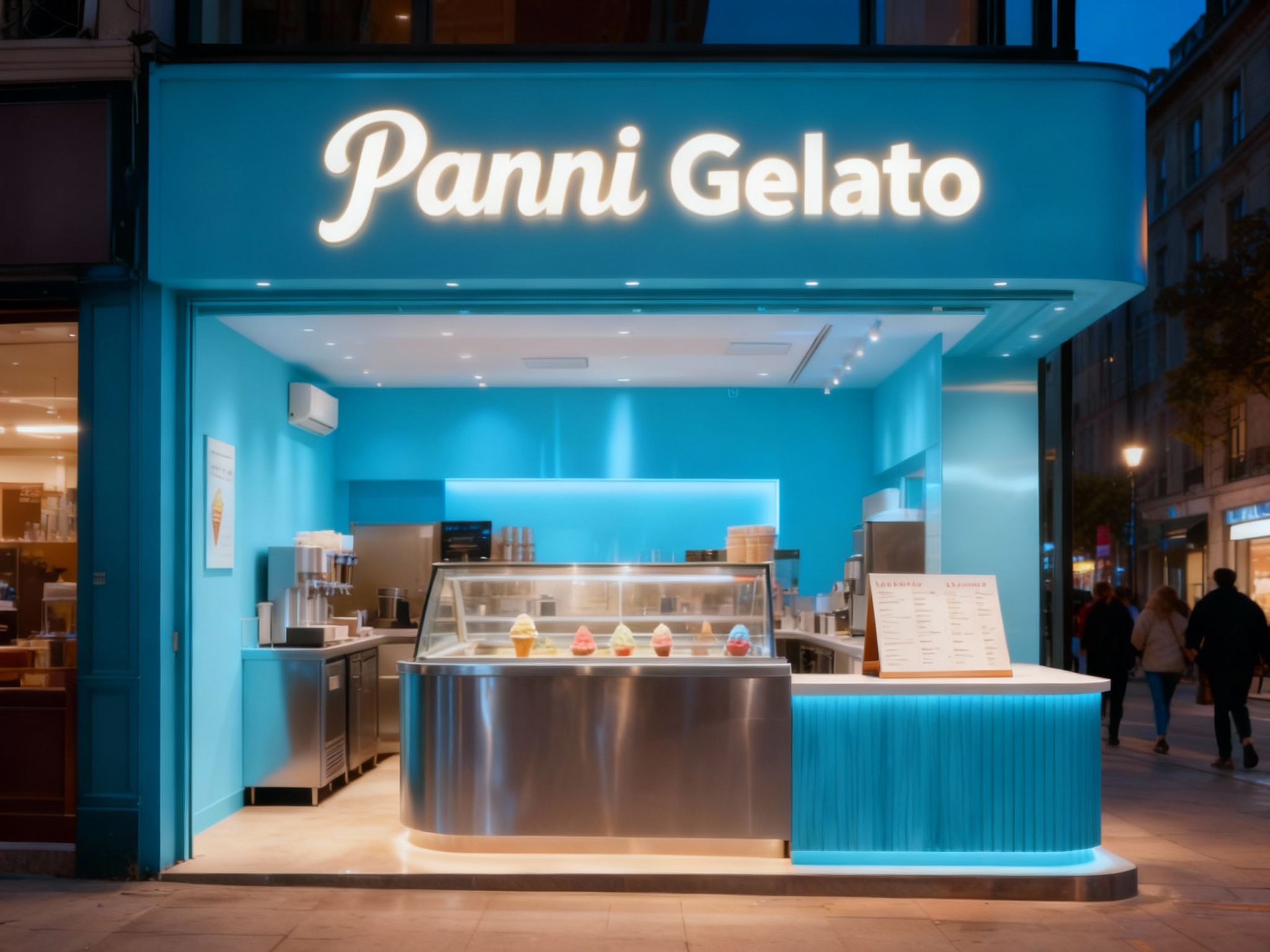 设计夜景门头及灯箱效果图，（将参考图中的LOGO）光亮温暖，冰淇淋店的内部场景用主色 {主色} ，上方有发光的（将参考图中的LOGO）标识，下方是意式冰淇淋制作区域和展示柜，柜台上有菜单，整体装修风格运用黑胡桃木搭配银色不锈钢材质现代，灯光温暖 ，街区环境和路人自然呈现。