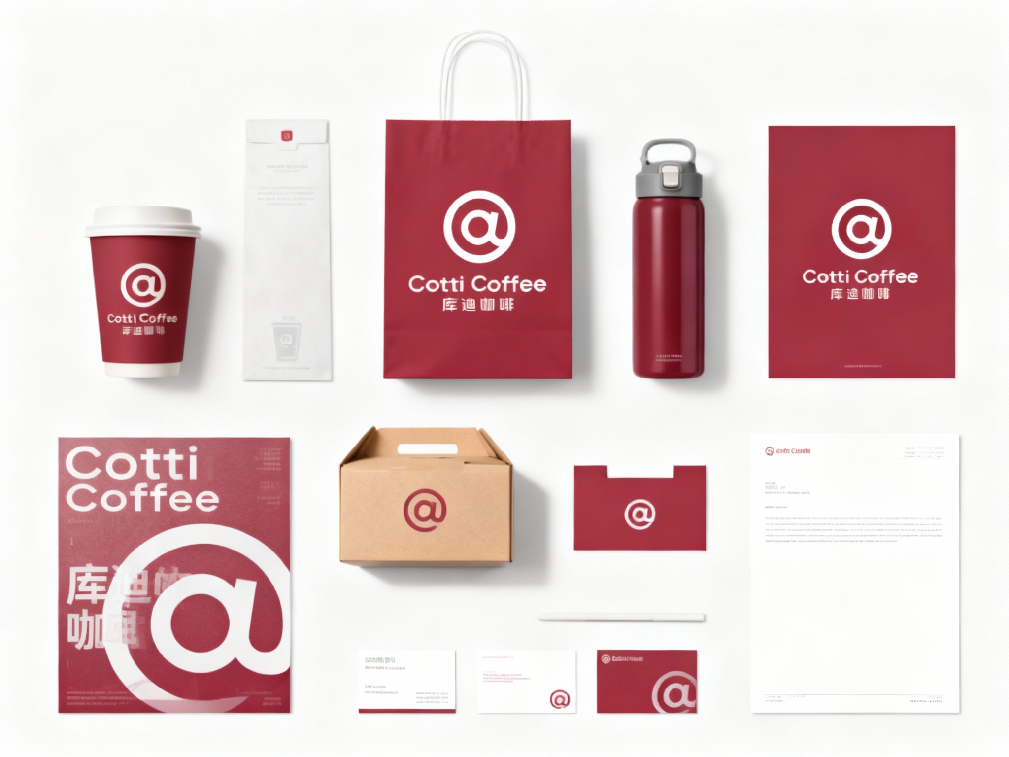 生成咖啡产品展示图，品牌VI展示，它包括纸质杯、外带袋、水杯、纸盒、印刷海报、名片、小册子、信纸设计、纯色、简单的背景、平面布局和极简美学、高分辨率摄影、高质量细节、高细节，顶级商业表现形式延续品牌色调，（将参考图中的LOGO 保持一致不要出现变形）在相应载体上合理呈现，突出饮品质感与品牌形象，背景为白色或浅灰色，突出产品本身。