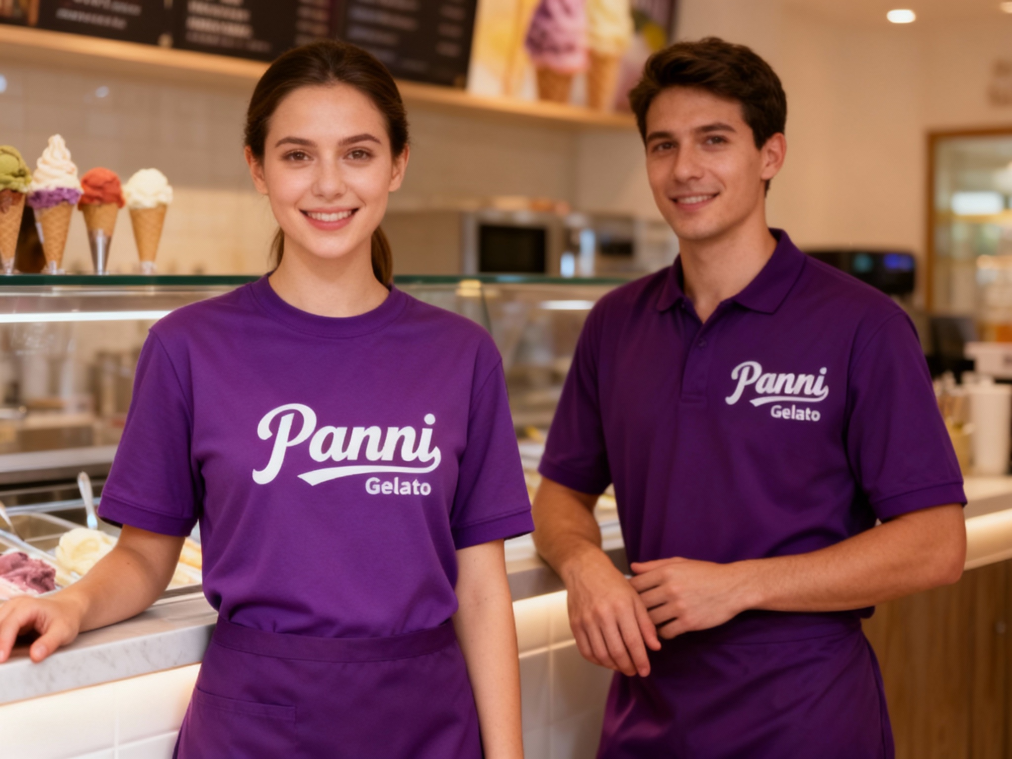 生成员工形象展示图，员工穿着纯色用主色 #紫色 工作服，（将参考图中的LOGO）在工作服上清晰可见，员工站在冰淇淋吧台或店内（空间保持品牌一致性），姿态自然，光线柔和。