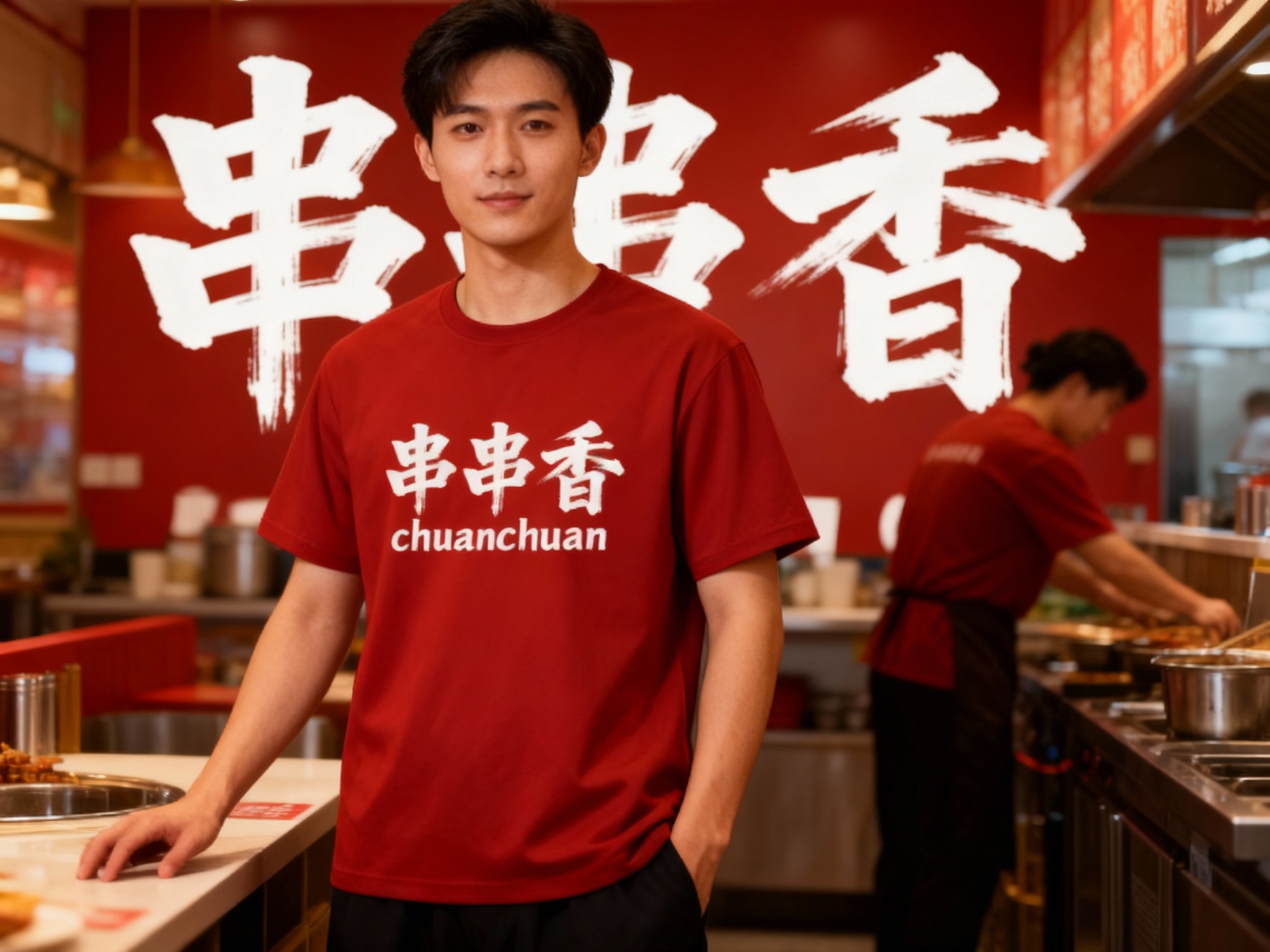 生成员工形象展示图，员工穿着纯色工作服，（将参考图中的LOGO）在工作服上清晰可见，员工站在店内或厨房（空间保持品牌一致性），姿态自然，光线柔和，红色背景墙作为品牌标志性元素。