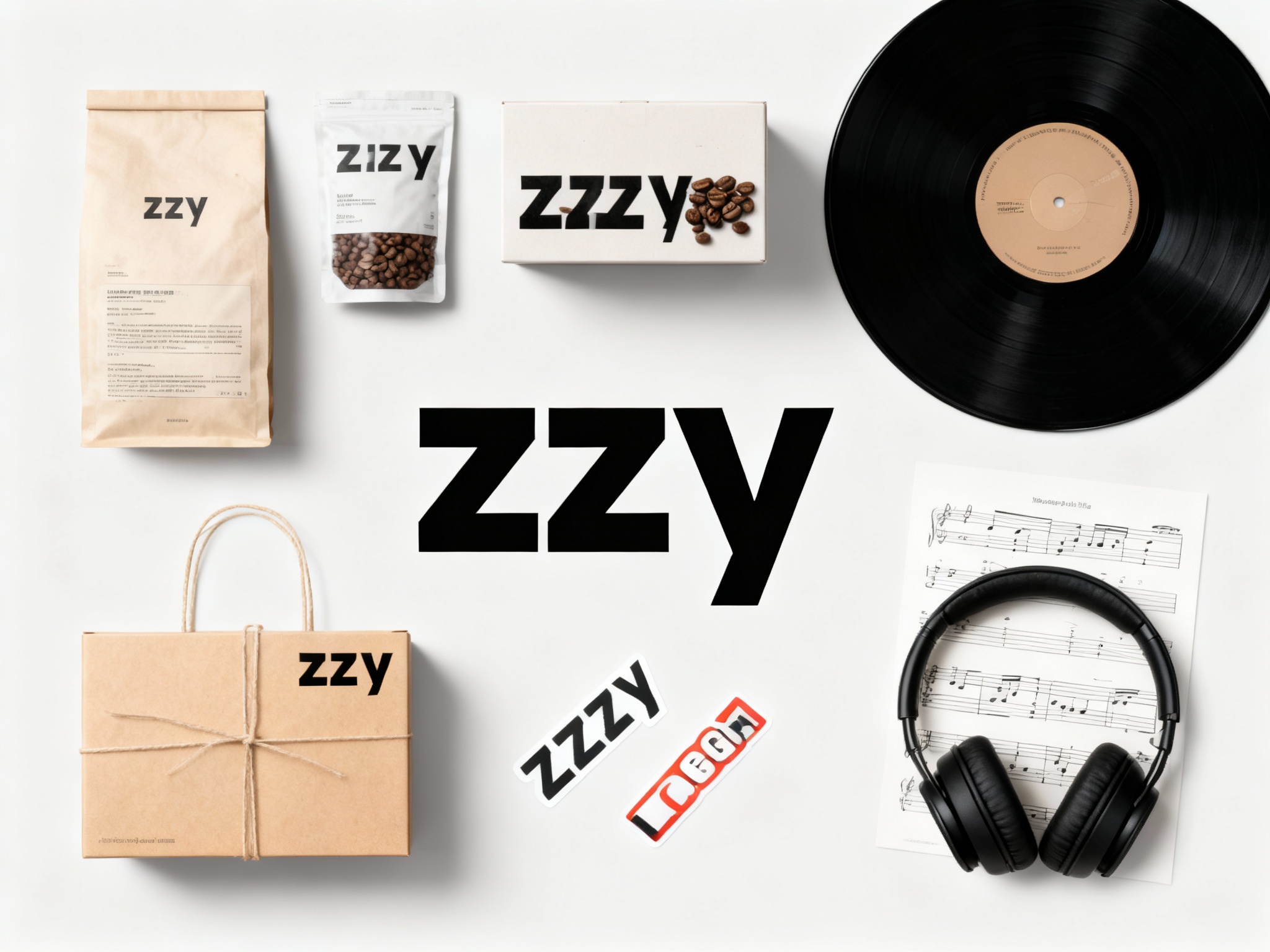 生成平铺物料图（Flat Lay），展示咖啡豆包装、纸袋、礼盒、贴纸等。LOGO颜色控制视觉焦点，环境采用浅灰色或奶白色基底，构图简洁清爽，加入黑胶唱片、耳机或乐谱作为音乐主题元素。