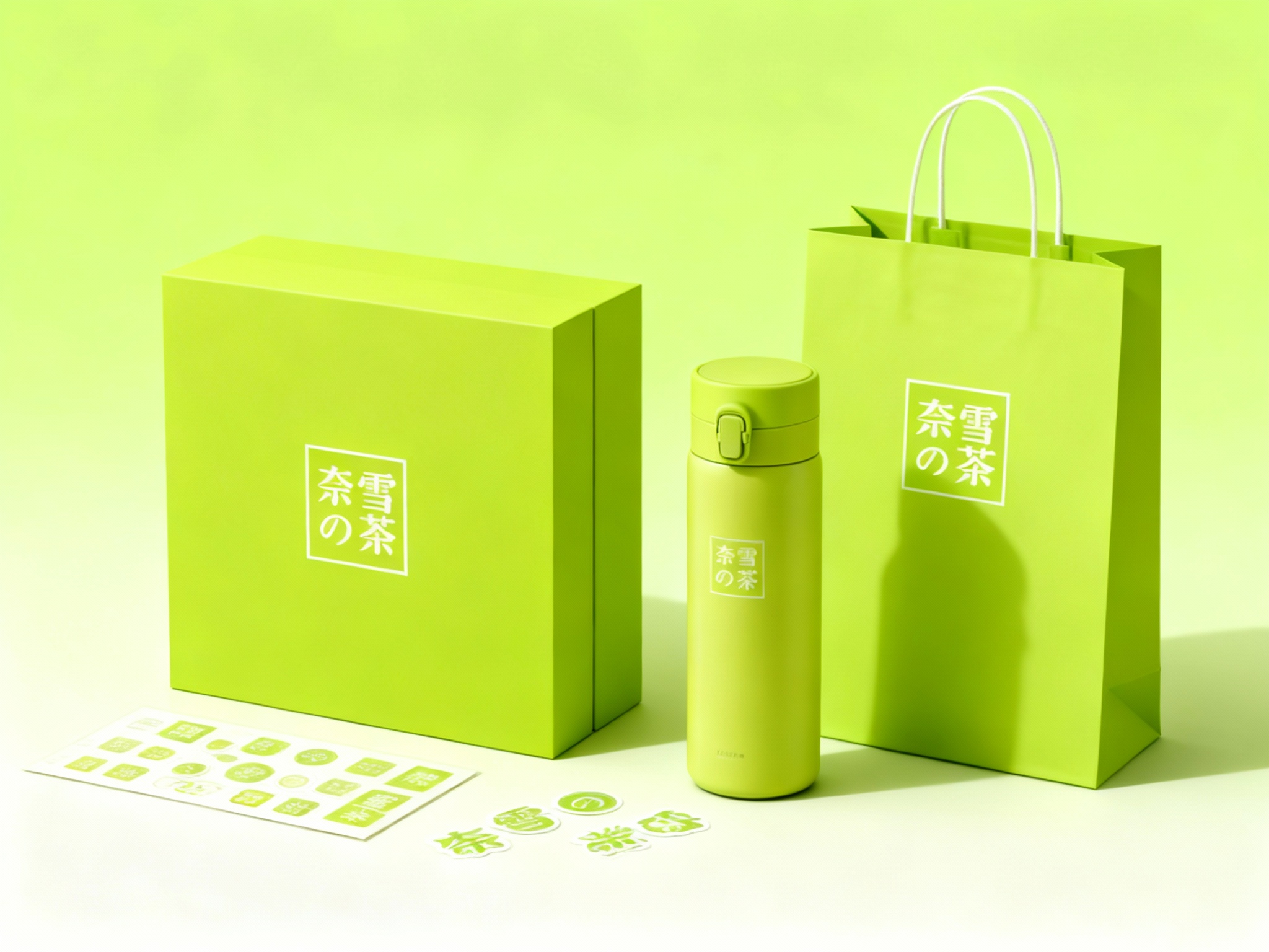 生成品牌周边展示图，如礼盒、保温杯、手提袋、贴纸等，（将参考图中的LOGO）在各周边产品上合理呈现，延续品牌配色，造型简约高级，适合礼赠与品牌延展。