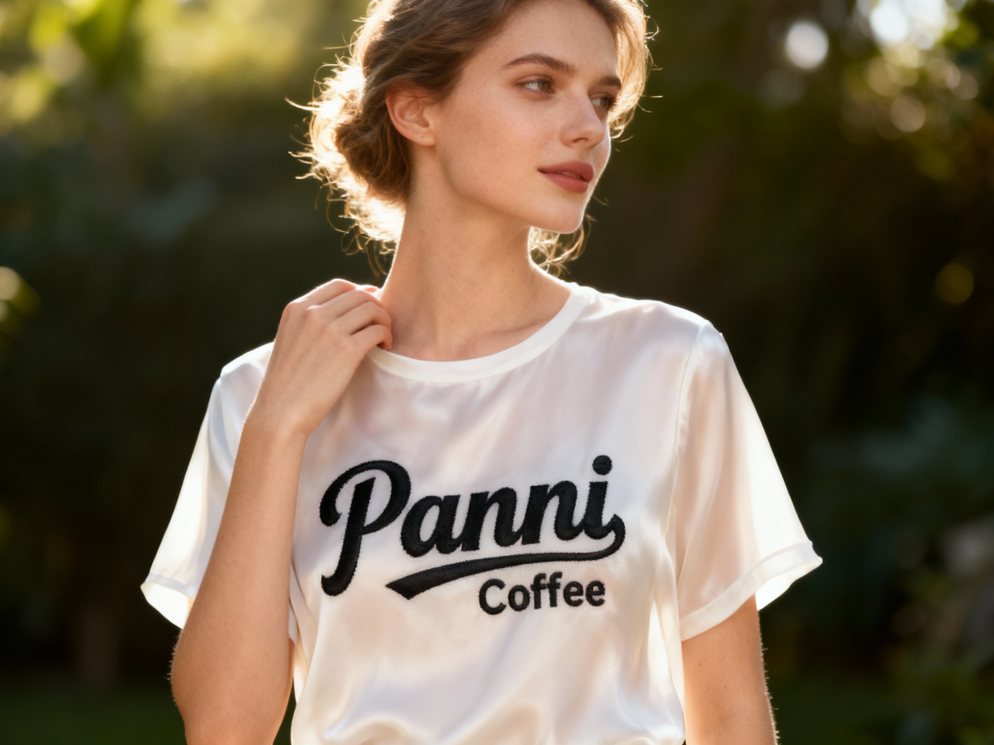 提取参考图的LOGO单独呈现，改为雅黑色，25岁欧洲女性模特，穿纯白真丝T恤，雅黑色LOGO以丝线刺绣工艺呈现，精致立体，逆光拍摄，光线透过真丝面料，呈现柔和光泽，LOGO在逆光下轮廓清晰，模特轻扶领口，姿态优雅，背景为模糊的自然绿植，高级又有生机