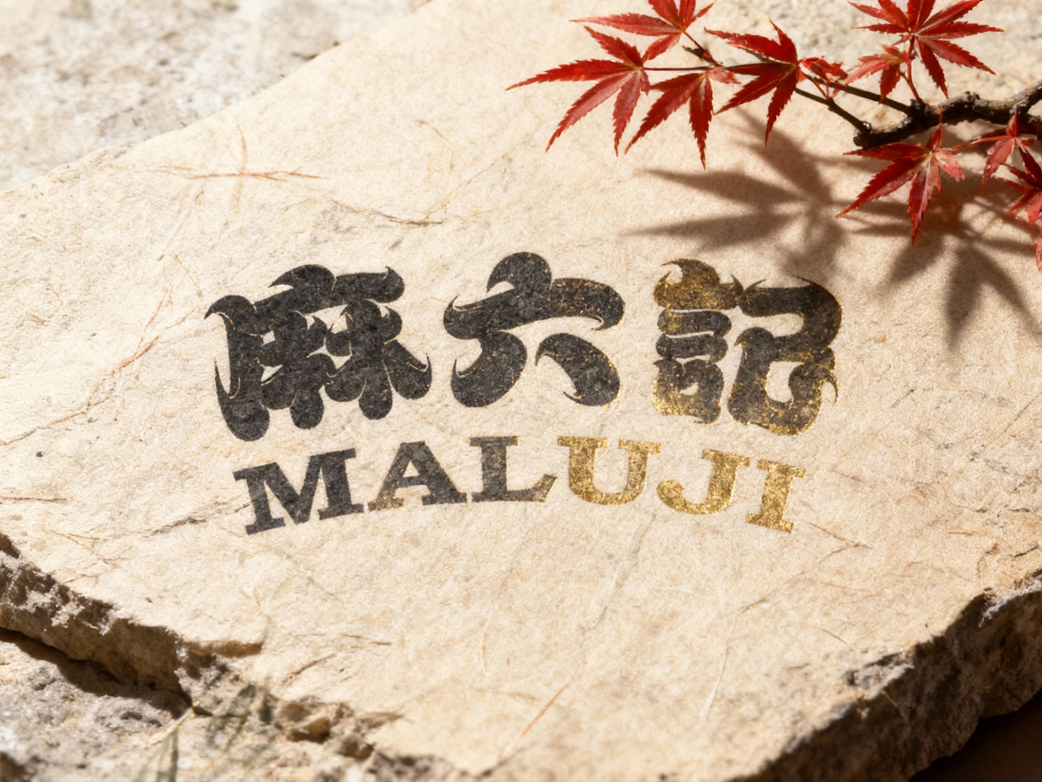 根据（智能提取参考图中的LOGO主体并去除原背景），生成纯色背景的平面LOGO展示。背景为带有纤维纹理的手工和纸（Washi Paper）或粗糙的石材表面，画面边缘有一枝造型优美的红枫或竹叶的清晰投影。LOGO呈现极简风格，墨色或烫金质感，营造静谧、高级的日式美学视觉。