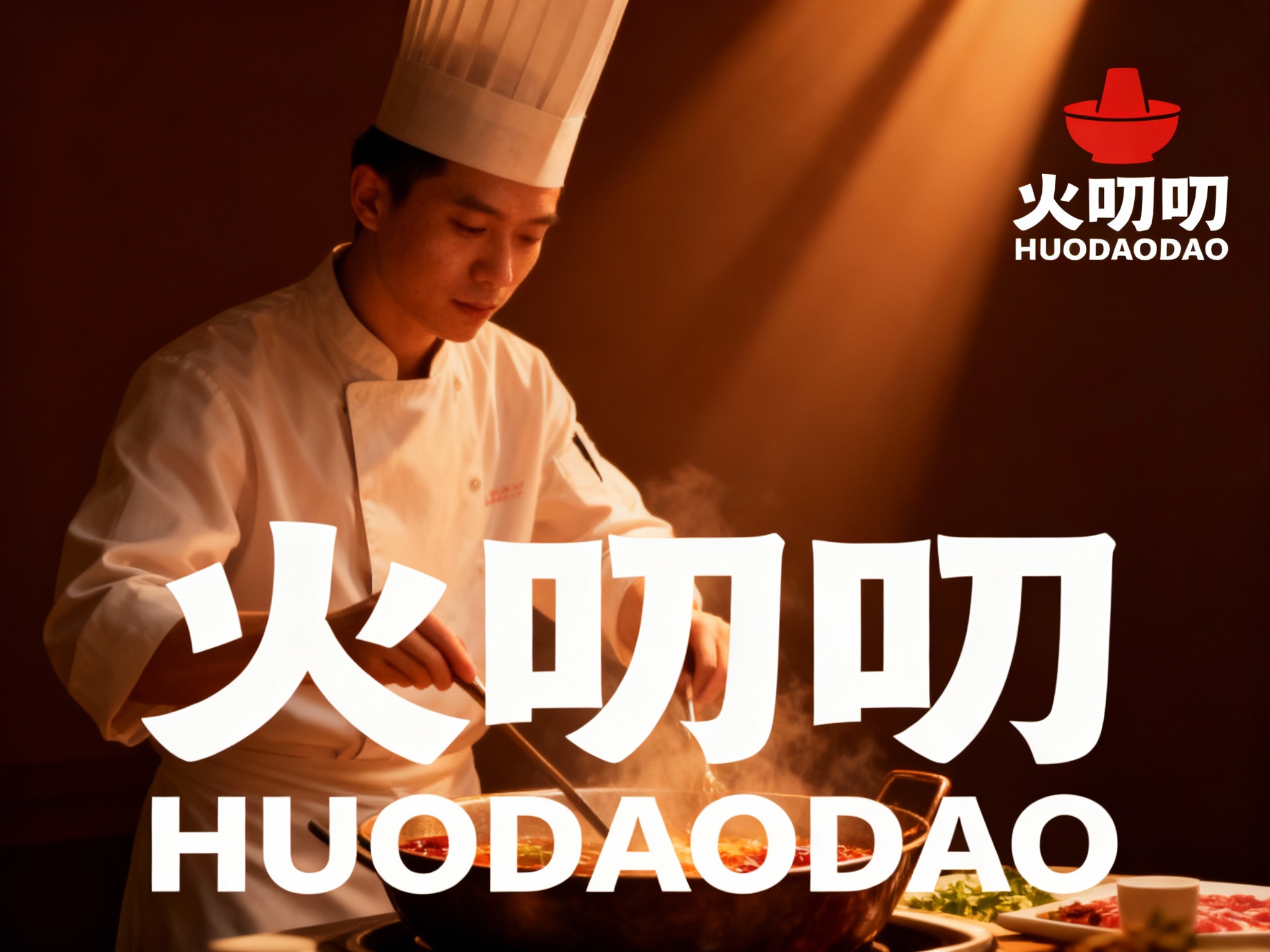 设计品牌宣传海报，画面干净，（将参考图中的LOGO ）位于左上角或右上角（根据实际情况设置），大师作品，电影海报，超高质量，超精细，高级中文排版，摄影，丁达尔光效，朦胧，俯视，远景，极简，简单，极简风格，大面积留白，背景是厨师制作火锅的景象，热烈氛围，超现实主义+极简主义 + 简单色块+暖色调配色+ 摄影艺术 + 细节丰富+ 封面美学 +深褐背景+电影级照明，4k高清，排版简洁有视觉冲击力，符合社交平台分享特性。
