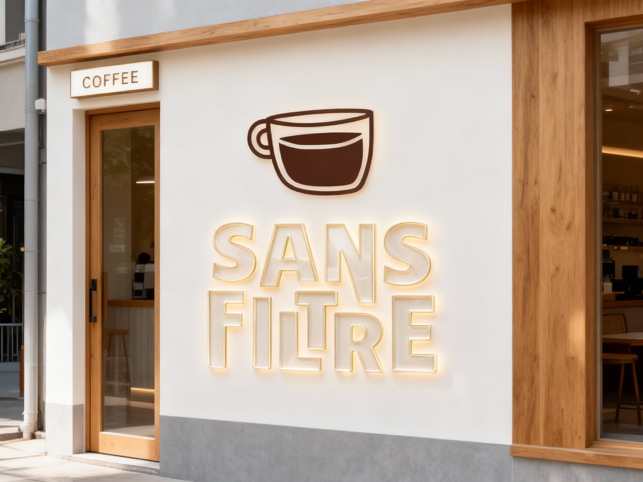 设计INS风格咖啡店门面效果图。墙面采用奶白、浅灰与原木色调，并巧妙地将（参考图提取的SANS FILTRE）以嵌入式烫金或亚克力背光形式融入其中，营造出干净通透、光线柔和自然的空间氛围。在门顶部的小招牌上用简洁字体写上英文（COFFEE），确保SANS FILTRE自然融合于整体设计之中。