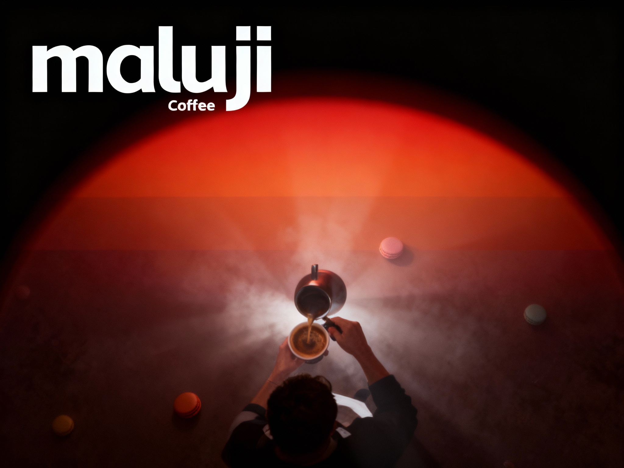 设计品牌宣传海报，画面干净，（将参考图中的LOGO ）位于左上角或右上角（根据实际情况设置），大师作品，电影海报，超高质量，超精细，高级英文排版，摄影，丁达尔光效，朦胧，俯视，远景，极简，简单，极简风格，大面积留白，James Turrell，背景是咖啡师冲泡咖啡的景象，压迫感，超现实主义+极简主义 + 简单色块+ 马卡龙配色+ 摄影艺术 + 细节丰富+ 封面美学 +黑色背景+电影级照明，4k高清，排版简洁有视觉冲击力，符合社交平台分享特性，主色调为红色和橙色渐变。