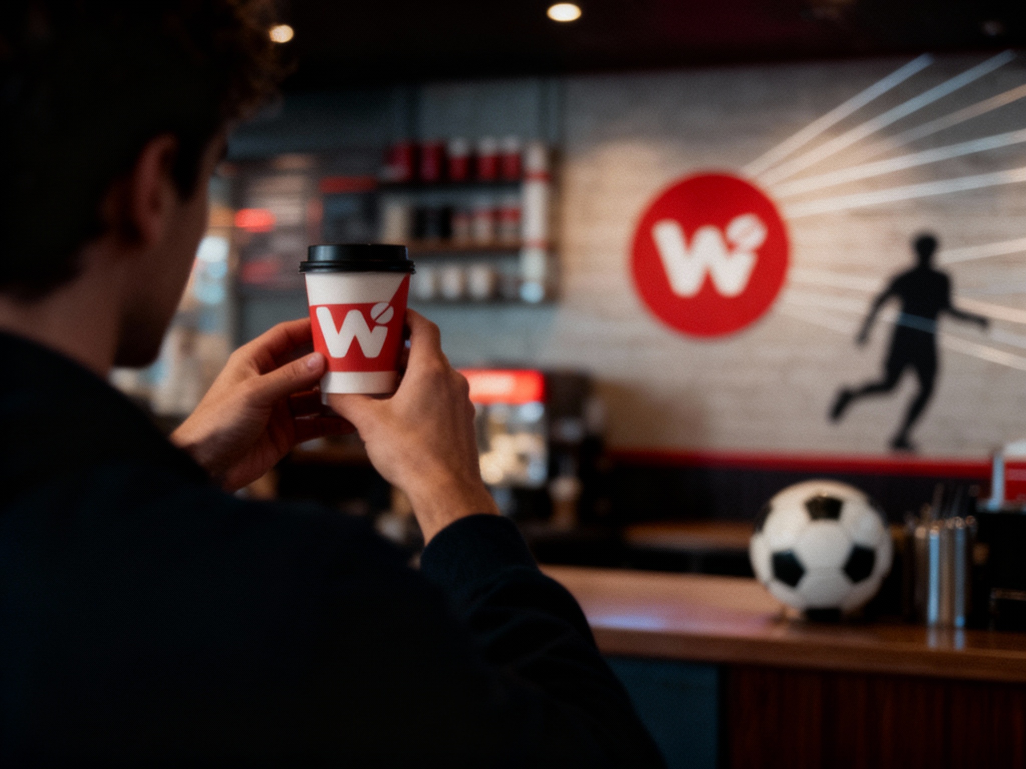 设计社交分享场景图，顾客手持带有（将参考图中的LOGO）的咖啡拍照，咖啡厅场景中（将参考图中的LOGO）融入装修或物件，场景抓拍，独特的拍摄角度，非对称，动态模糊，低光环境，意境，自然色彩，丰富层次感，细腻画质，真实，光影变幻，虚化柔和过渡，胶片质感，电影质感，大师作品，光影自然，突出品牌时尚感和年轻气质，同时加入足球元素的剪影或线条作为点缀。