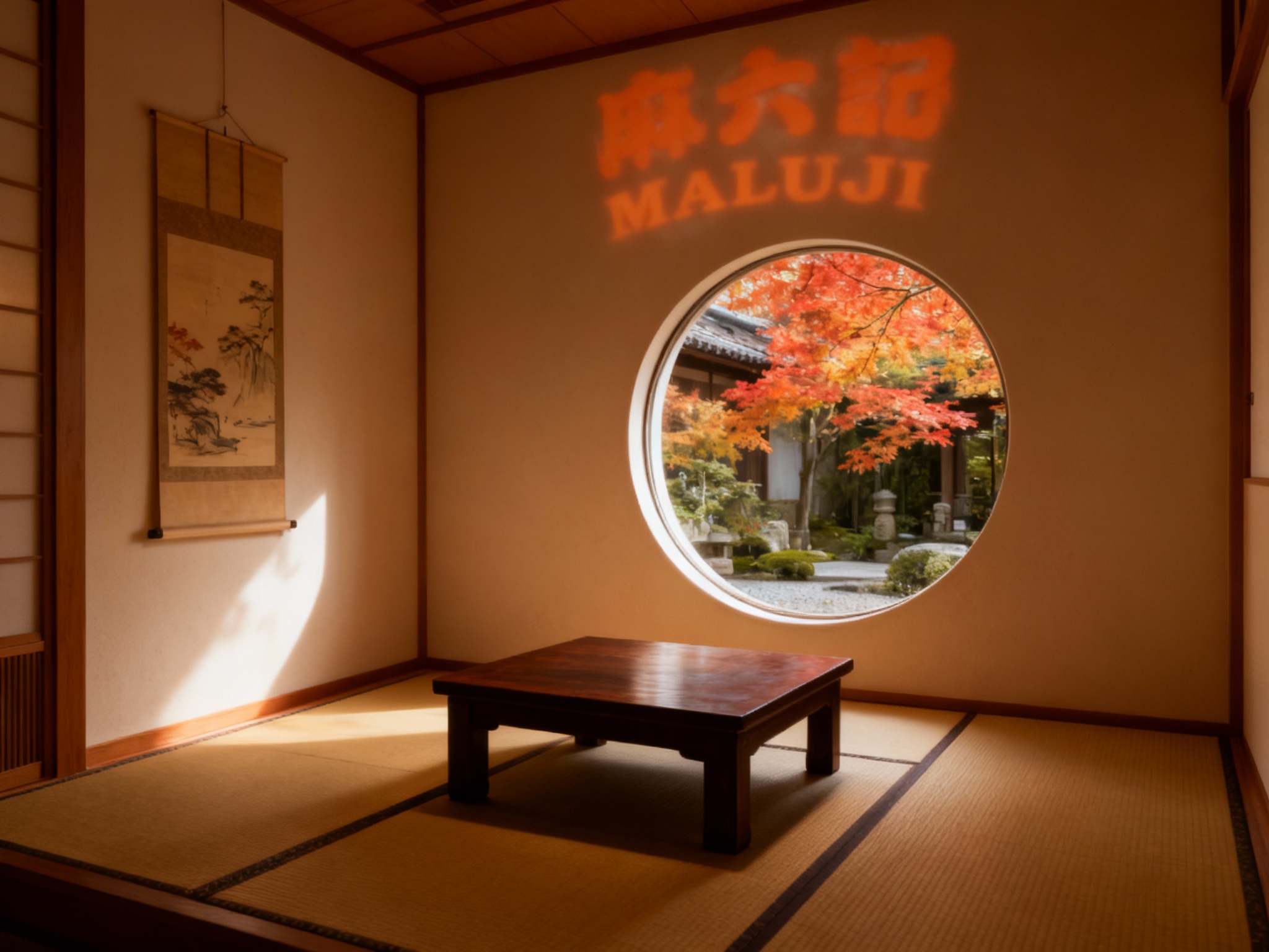 生成品牌体验区或包间场景。设计一个日式茶室风格的角落：地面是榻榻米，中间是深色木矮桌，墙面有挂轴画和一轮圆窗。圆窗外是枫叶正红的庭院景色。墙面上方利用光影投射出（智能提取参考图中的LOGO主体并去除原背景），若隐若现。环境幽静，充满禅茶一味的意境。