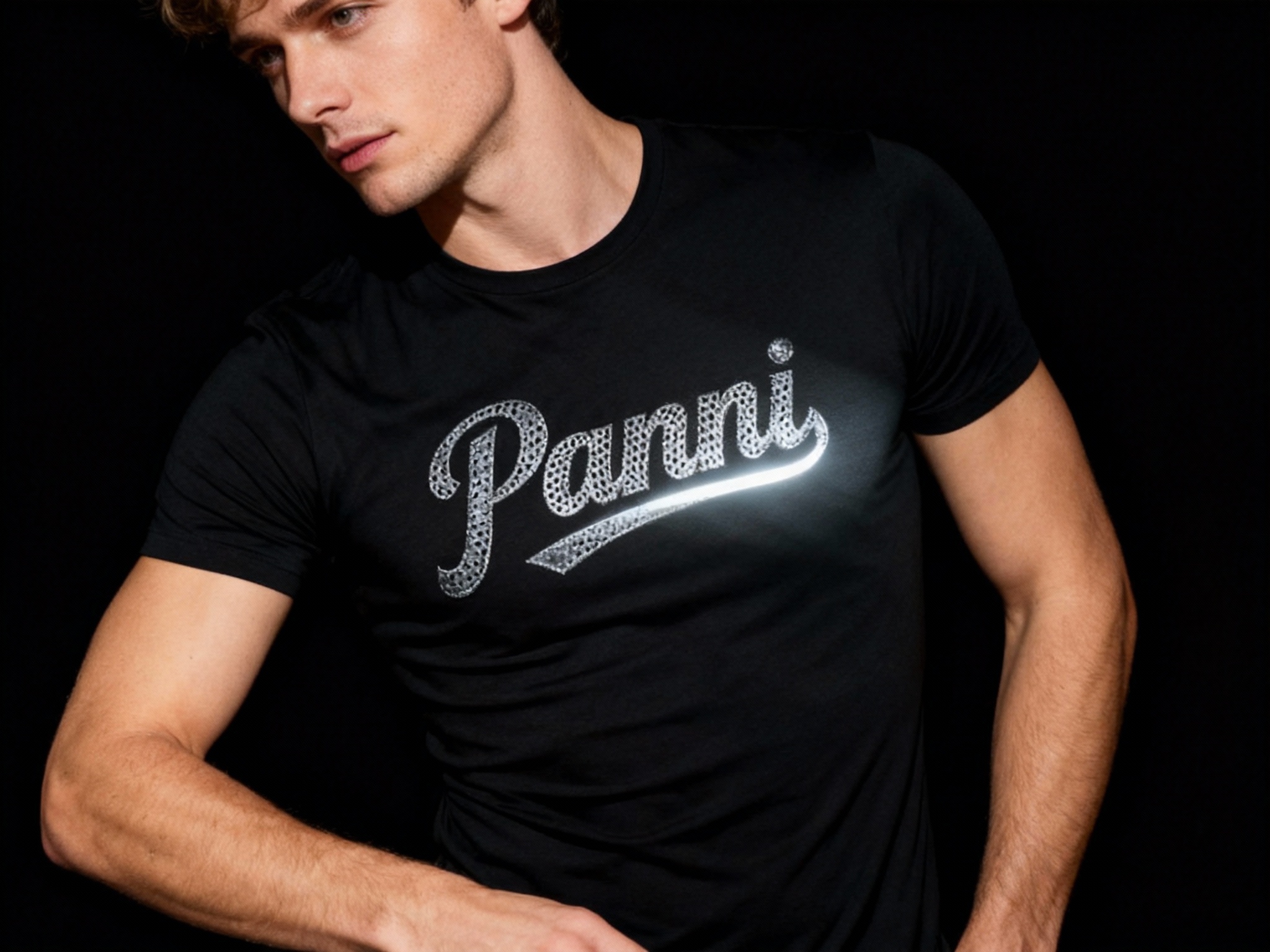 提取参考图的LOGO单独呈现，改为银灰色，25岁欧洲男性模特，穿黑色修身T恤，银灰色LOGO采用镂空刺绣+内嵌反光条工艺，暗光环境拍摄，局部射灯斜照LOGO，反光条呈现柔和光泽，不刺眼，模特手臂自然弯曲，T恤贴合身形却不紧绷，背景为极简黑色，突出LOGO细节