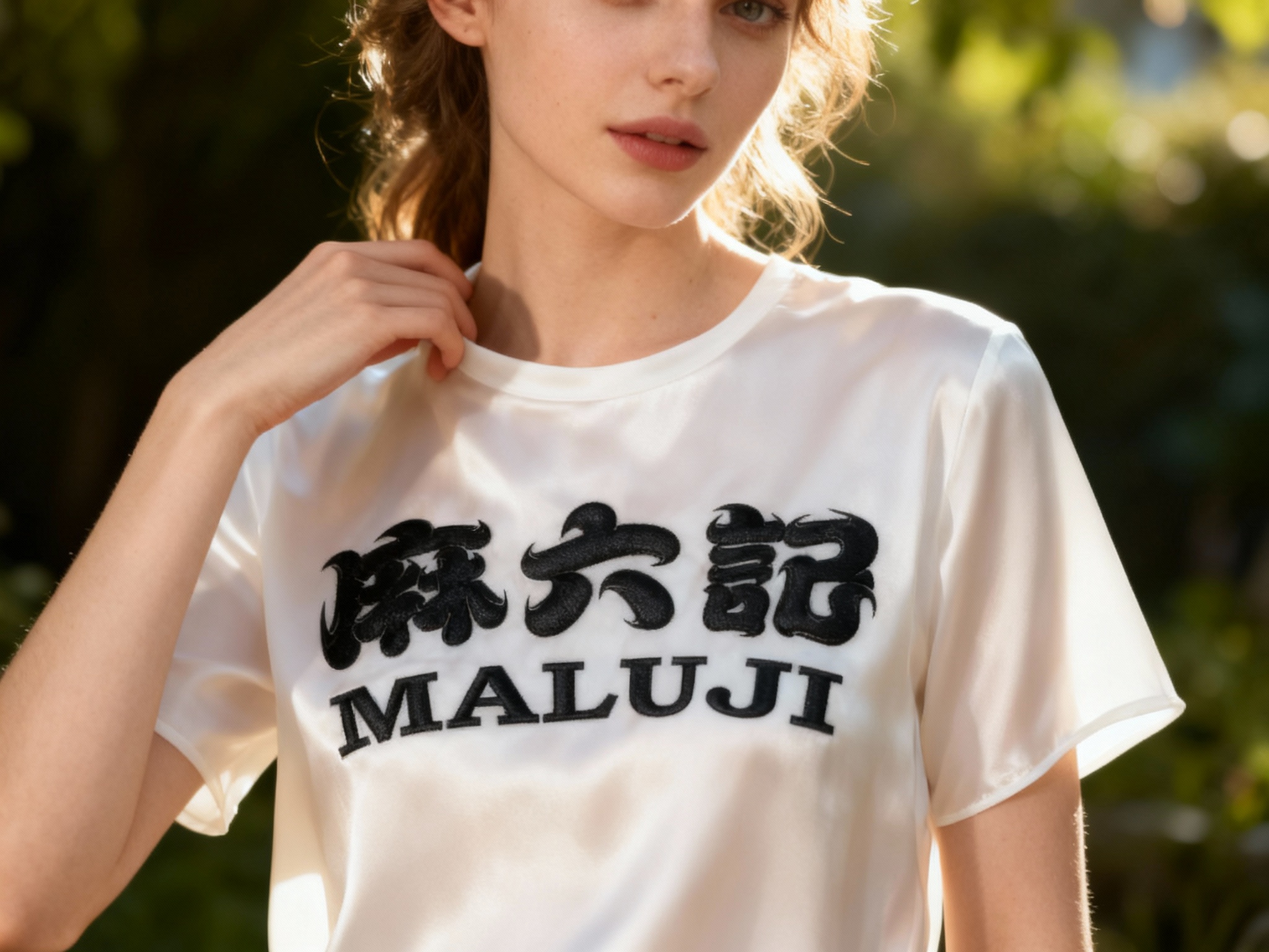 提取参考图的LOGO单独呈现，改为雅黑色，25岁欧洲女性模特，穿纯白真丝T恤，雅黑色LOGO以丝线刺绣工艺呈现，精致立体，逆光拍摄，光线透过真丝面料，呈现柔和光泽，LOGO在逆光下轮廓清晰，模特轻扶领口，姿态优雅，背景为模糊的自然绿植，高级又有生机