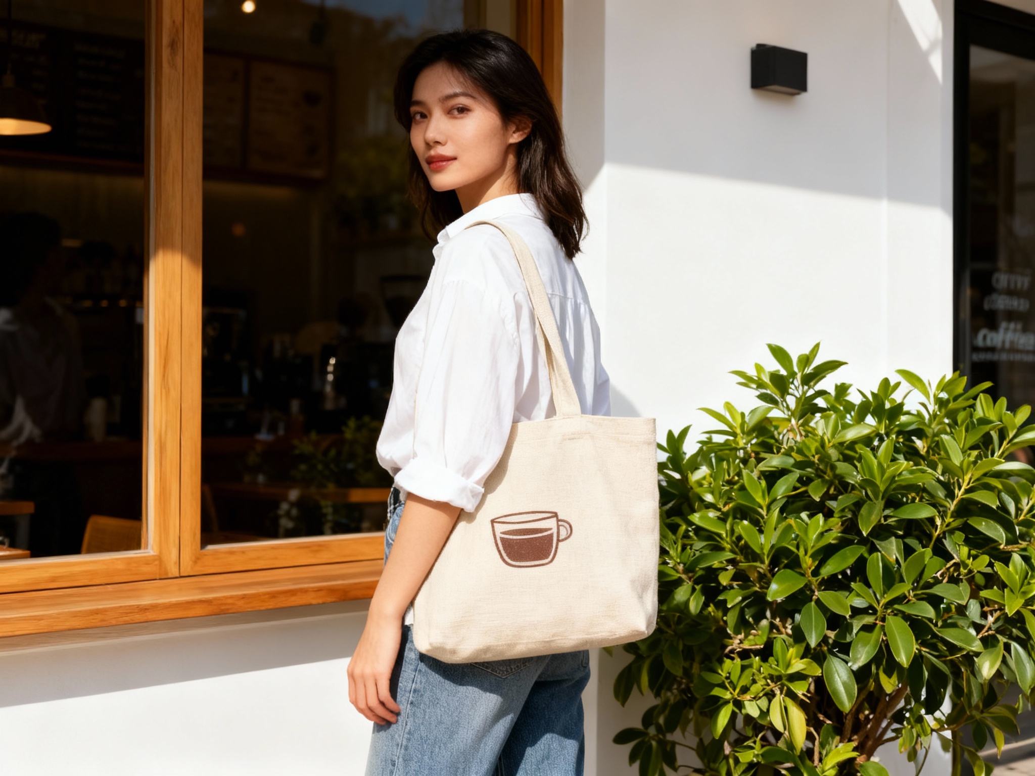 模特时尚街拍风格。一位穿着简约白色衬衫和牛仔裤的模特，肩背米色帆布袋，袋子上印有清晰的（智能提取参考图中的LOGO主体并去除原背景，融入帆布纹理）。她站在咖啡店门口的绿植旁，自然回眸。背景是白墙和木窗，阳光明媚，光感真实，突出品牌周边的时尚搭配感。
