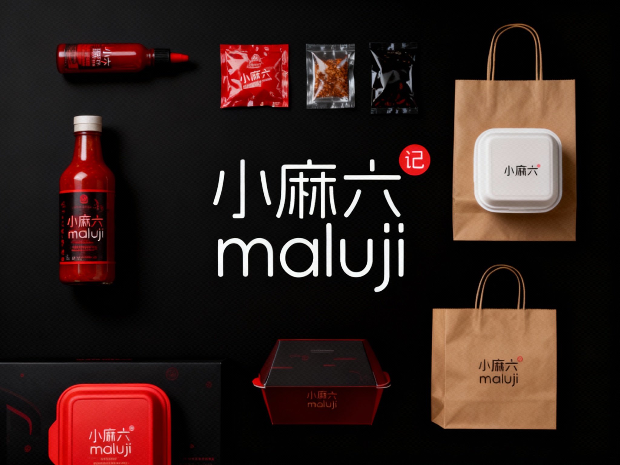 设计产品平铺展示图，包含红色辣酱瓶、调味包、外卖盒、纸袋、礼盒等，统一品牌黑红主色系，LOGO清晰，画面整洁大气，质感高级。