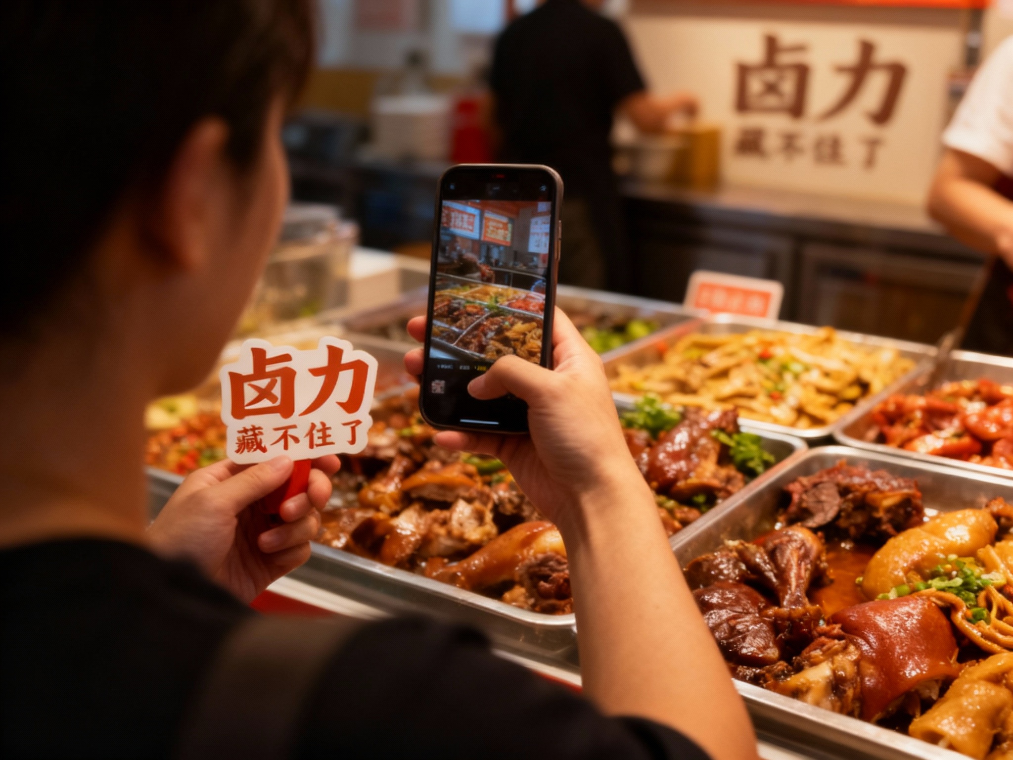 设计社交分享场景图，顾客手持带有（将参考图中的LOGO）的卤菜拍照，卤菜店场景中（将参考图中的LOGO）融入装修或物件，场景抓拍，独特的拍摄角度，非对称，动态模糊，低光环境（但保证卤菜清晰可见），意境，自然色彩，丰富层次感，细腻画质，真实，光影变幻，虚化柔和过渡，胶片质感，电影质感，大师作品，光影自然，突出品牌传统与现代融合感和年轻气质。
