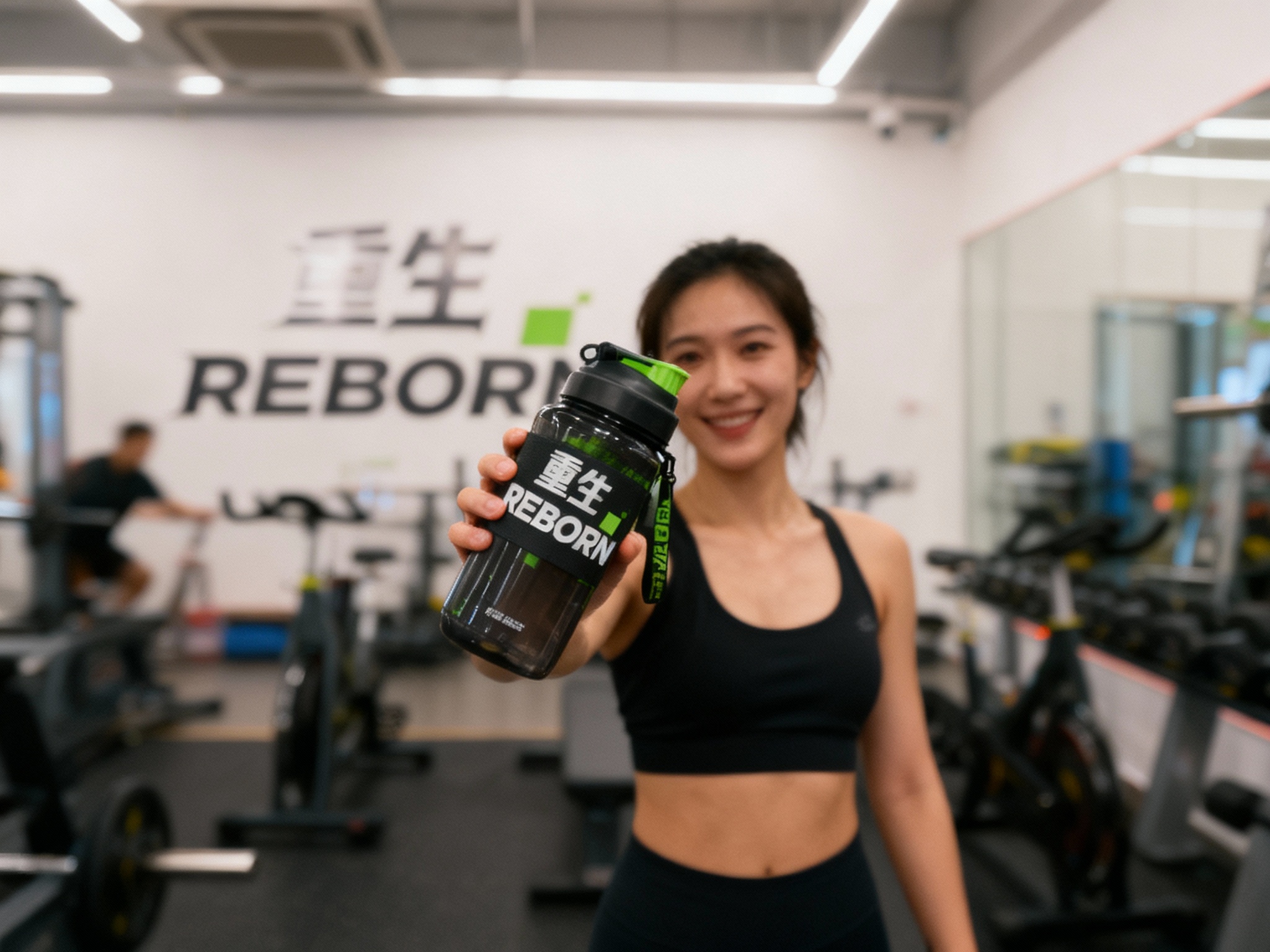 设计社交分享场景图，顾客手持带有（将参考图中的LOGO）#品牌主色包装的运动水壶拍照，健身馆场景中（将参考图中的LOGO）融入背景墙面#品牌主色，场景抓拍，独特的拍摄角度，非对称，动态模糊，明亮光环境，意境，自然色彩，丰富层次感，细腻画质，真实，光影变幻，虚化柔和过渡，胶片质感，电影质感，大师作品，光影自然，突出品牌时尚感和活力气质。